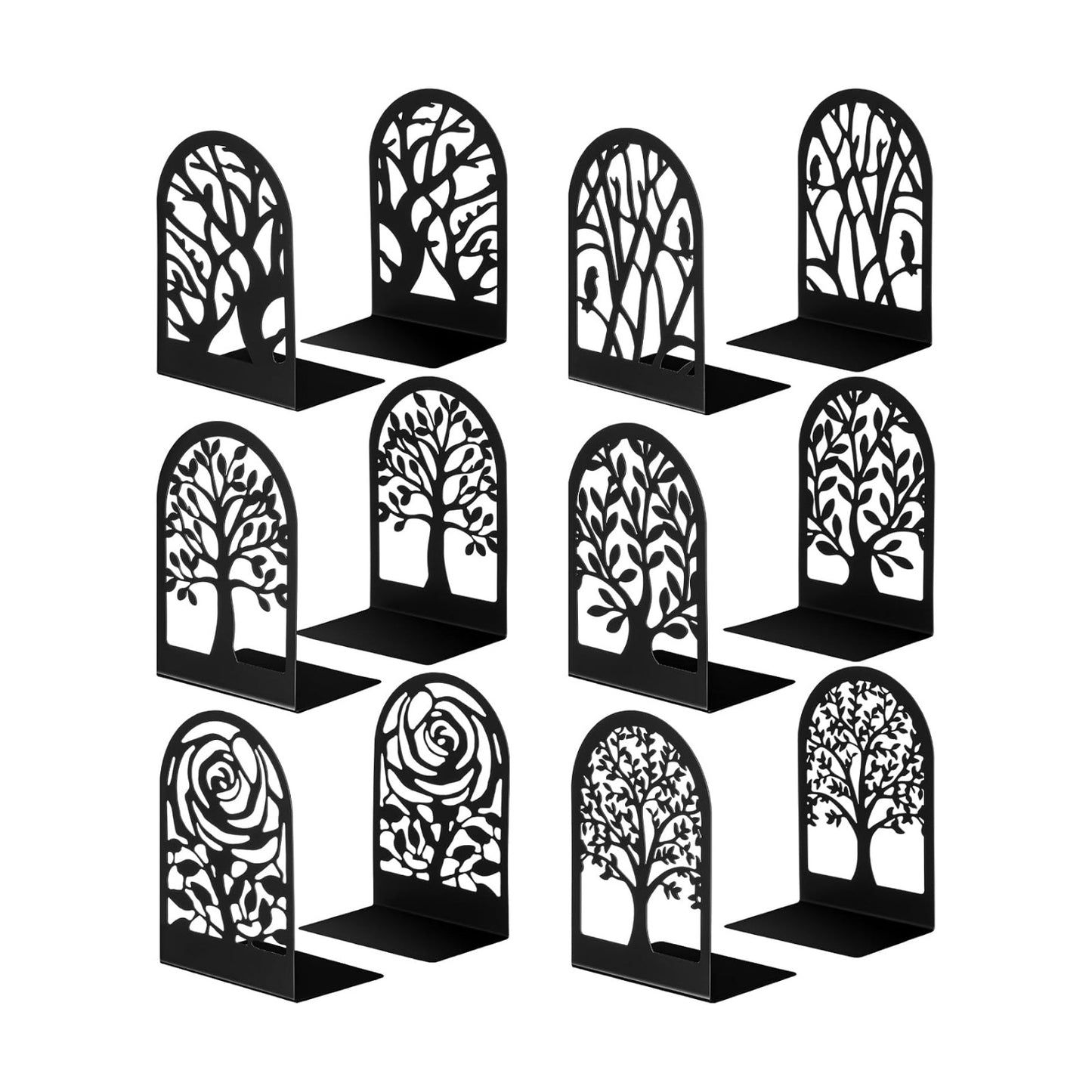 6 Pairs Decorative Book Ends Metal Bookends / Tree and Flower / Black