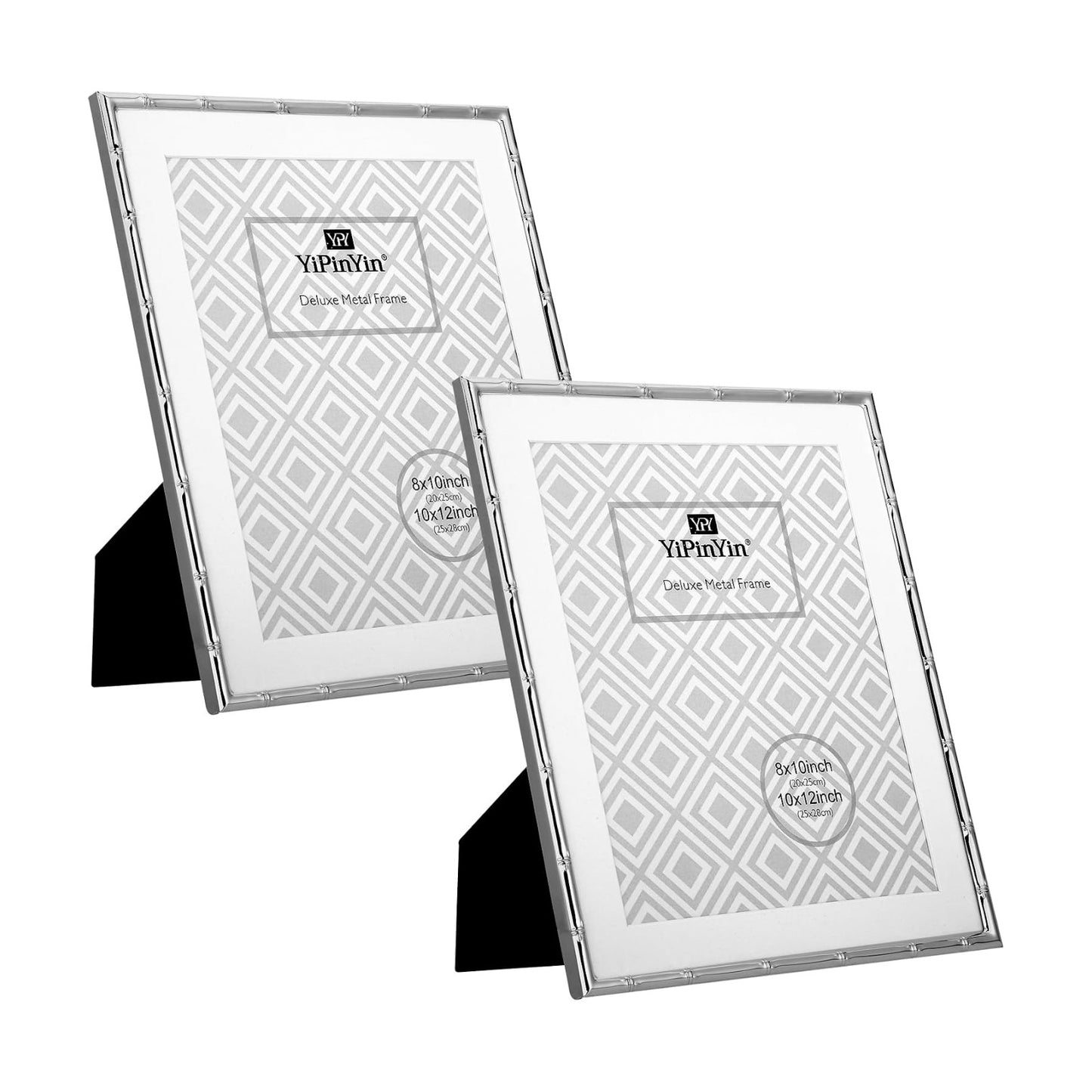 YiPinYin 10x12''Bamboo Detail Silver Metal Photo Frame with Acid Free Mat for 8x10'' Set of 2,Elegant Narrow Plated