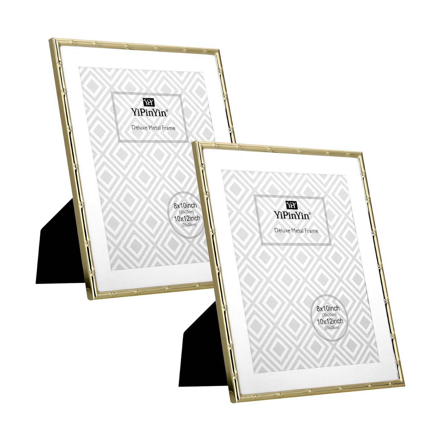 YiPinYin 2-Pack 10x12 Gold Bamboo Metal Picture Frames | Acid-Free Mat for 8x10 Photos | Narrow Plated Edge | Velvet