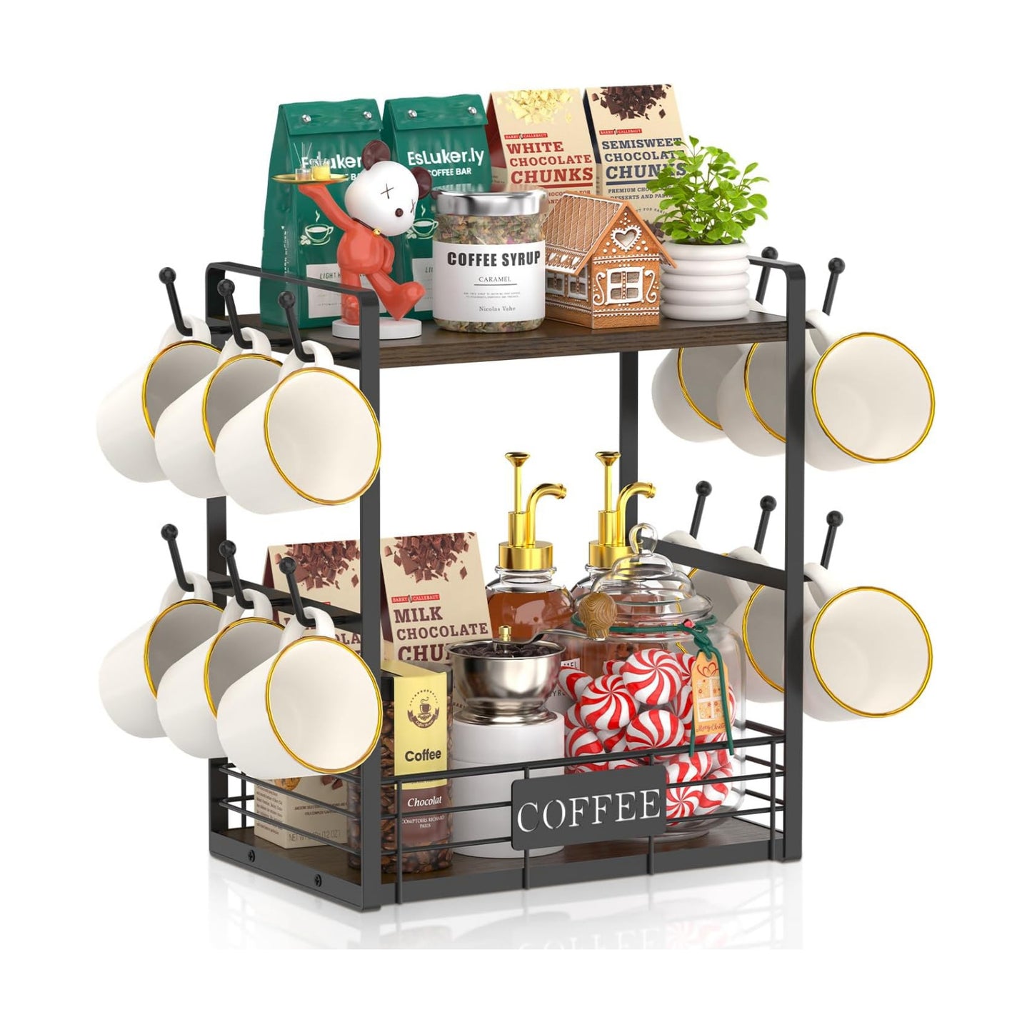 EsLuker.ly Coffee Mug Cup Holder Tree Bar Station Organizer, 2 Tier Brown | Mug Stand Rack for Countertop Kitchen