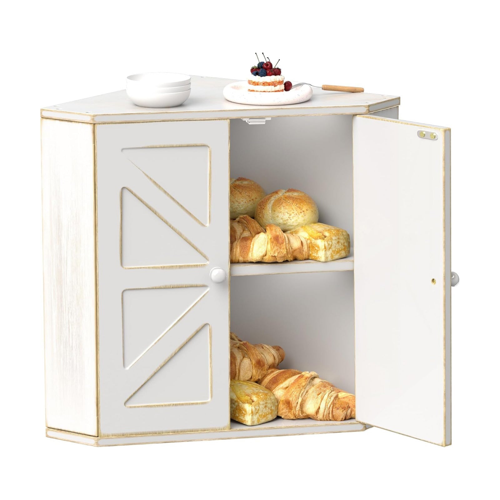 Corner Bread Box for Kitchen Countertop, Storage Container for Homemade Bread, Double Layer BreadBox, Large Capacity