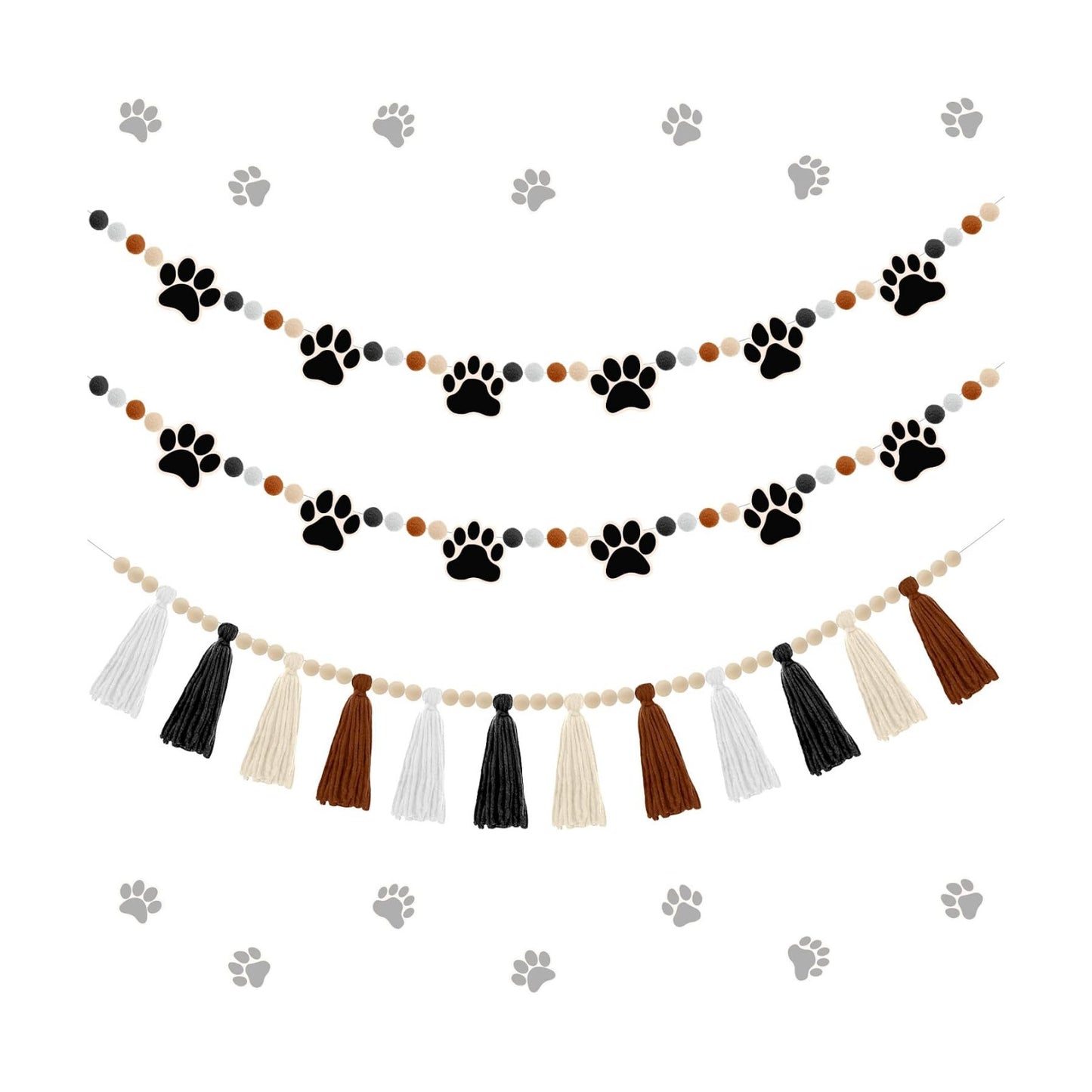 Wood Beads and Pom Pom Felt Balls Garlands / Black and Brown / Set of 2