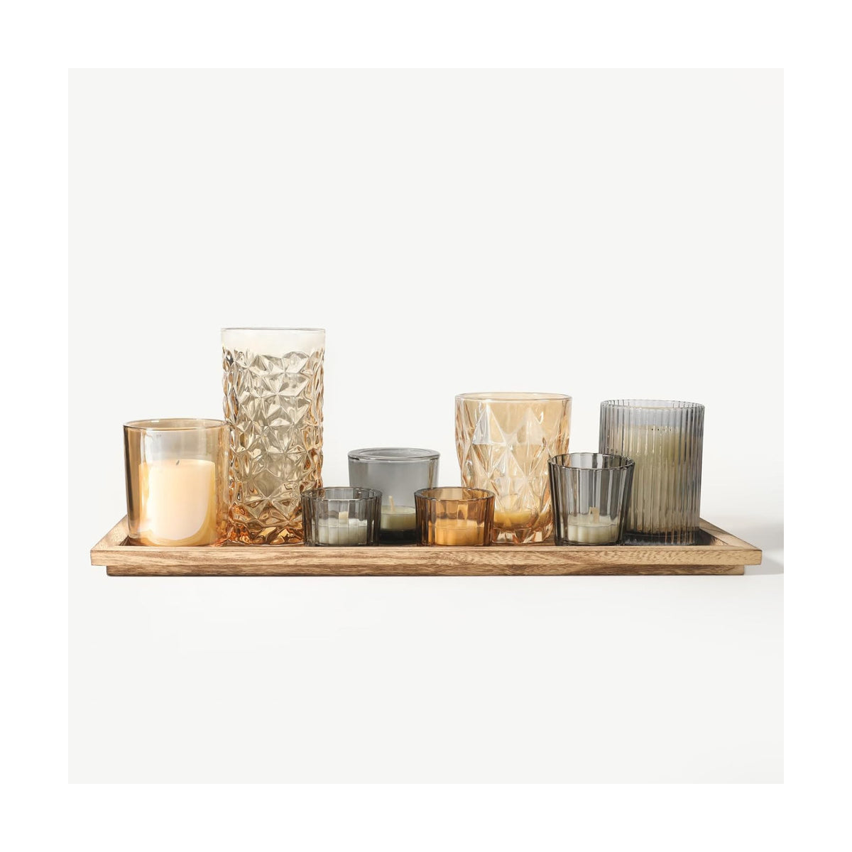 Rustic Wooden Tray with 8 Brown Glass Votive Candle Holders