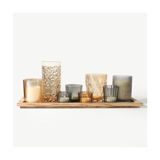 Rustic Wooden Tray with 8 Brown Glass Votive Candle Holders