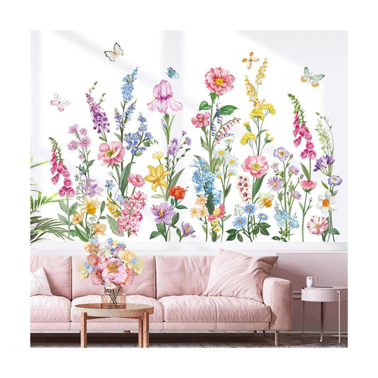 Garden Flower Wall Stickers Wildflower Iris Daisy Floral Butterflies Peel and Stick Wall Art Decals
