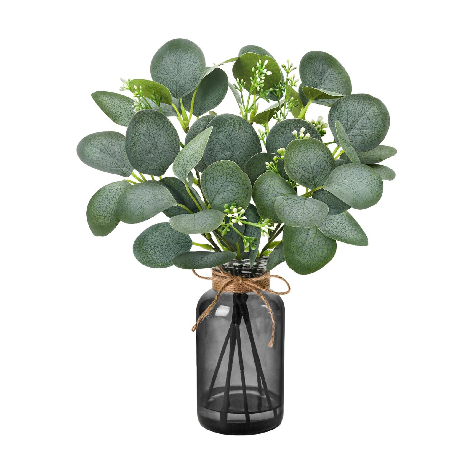 13.5" Fake Plants for Black Bathroom Decor Artificial Eucalyptus Stems in Black Glass Vase / Black-2
