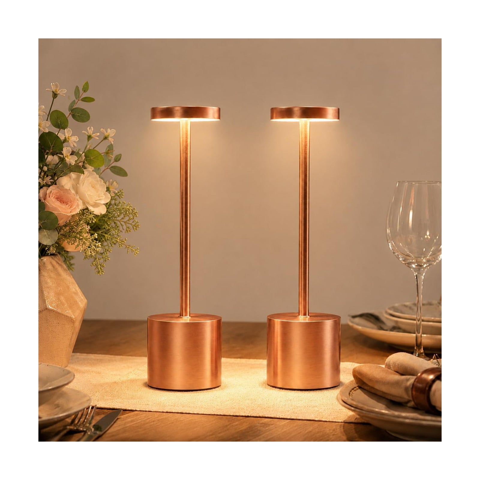 Rose Gold Cordless Table Lamps Set of 2, Battery Operated Rechargeable LED Lamps with Touch Control, 3 Color