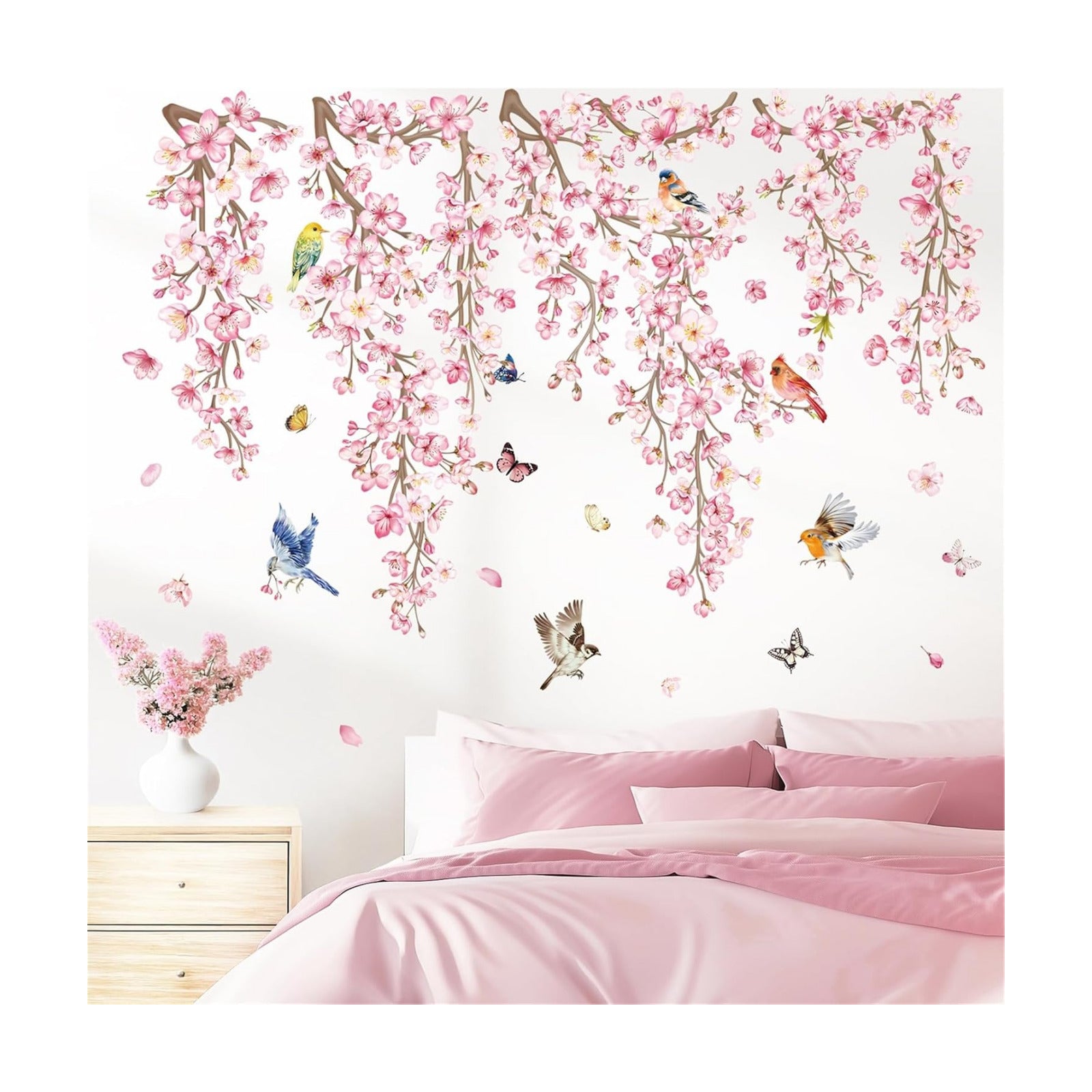 Cherry Blossom Wall Stickers Hanging Floral Tree Branch Birds Peel and Stick / Flower Vine / Pink