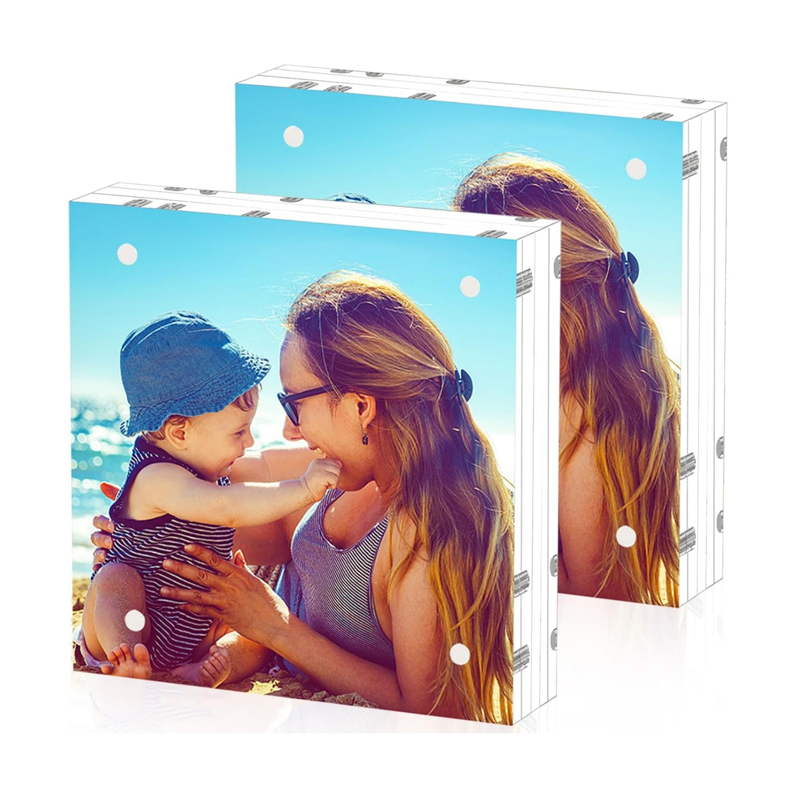 HELPLEX 2 Pack 8x8 Acrylic Picture Frames, 24mm Thicker Square Frameless Clear Frame Double Sided Magnetic Frame, Free
