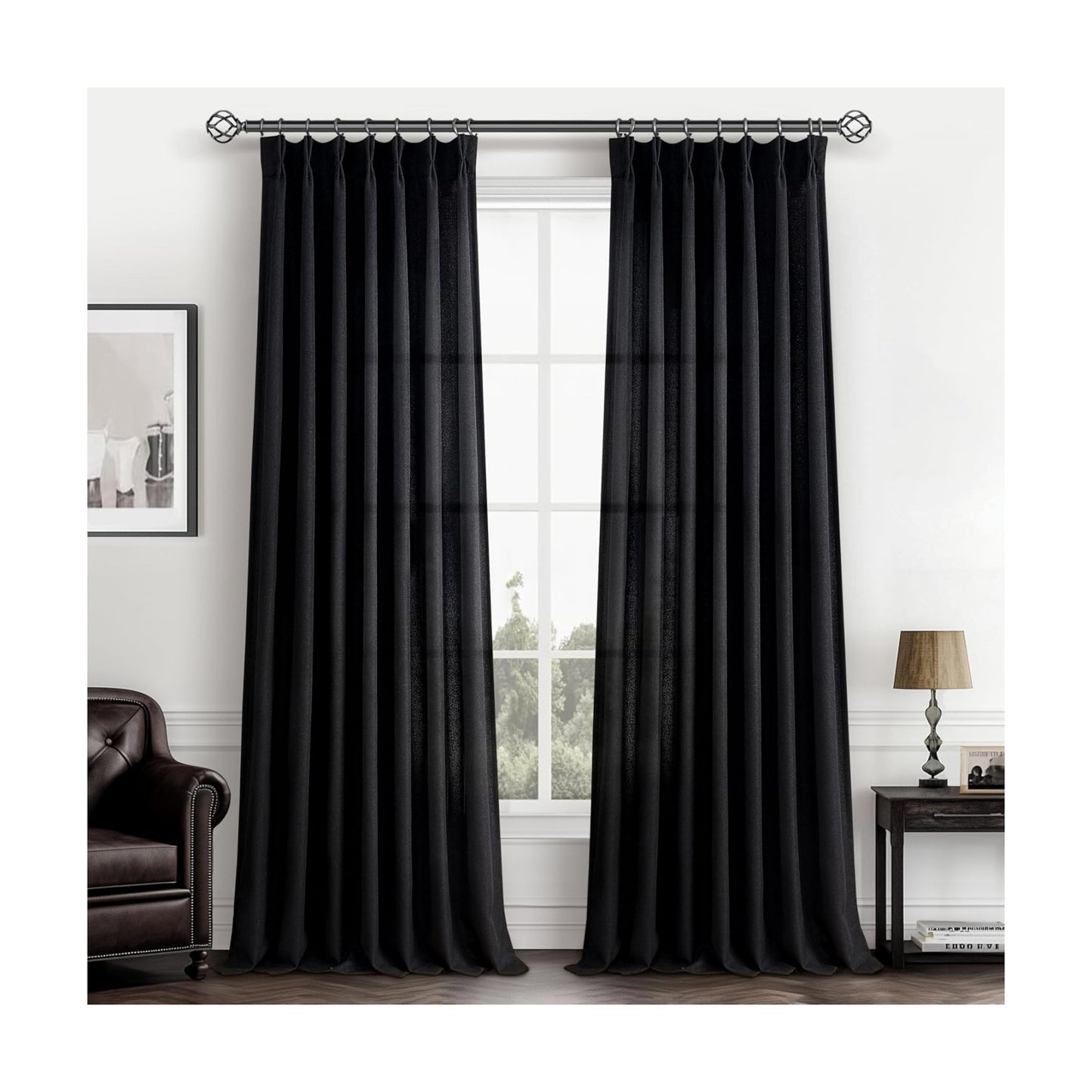 Pinch Pleated Black Sheer 96 Inch Curtains for Bedroom, Neutral Thick Linen Blend Pleat Light Filtering Sliding Door