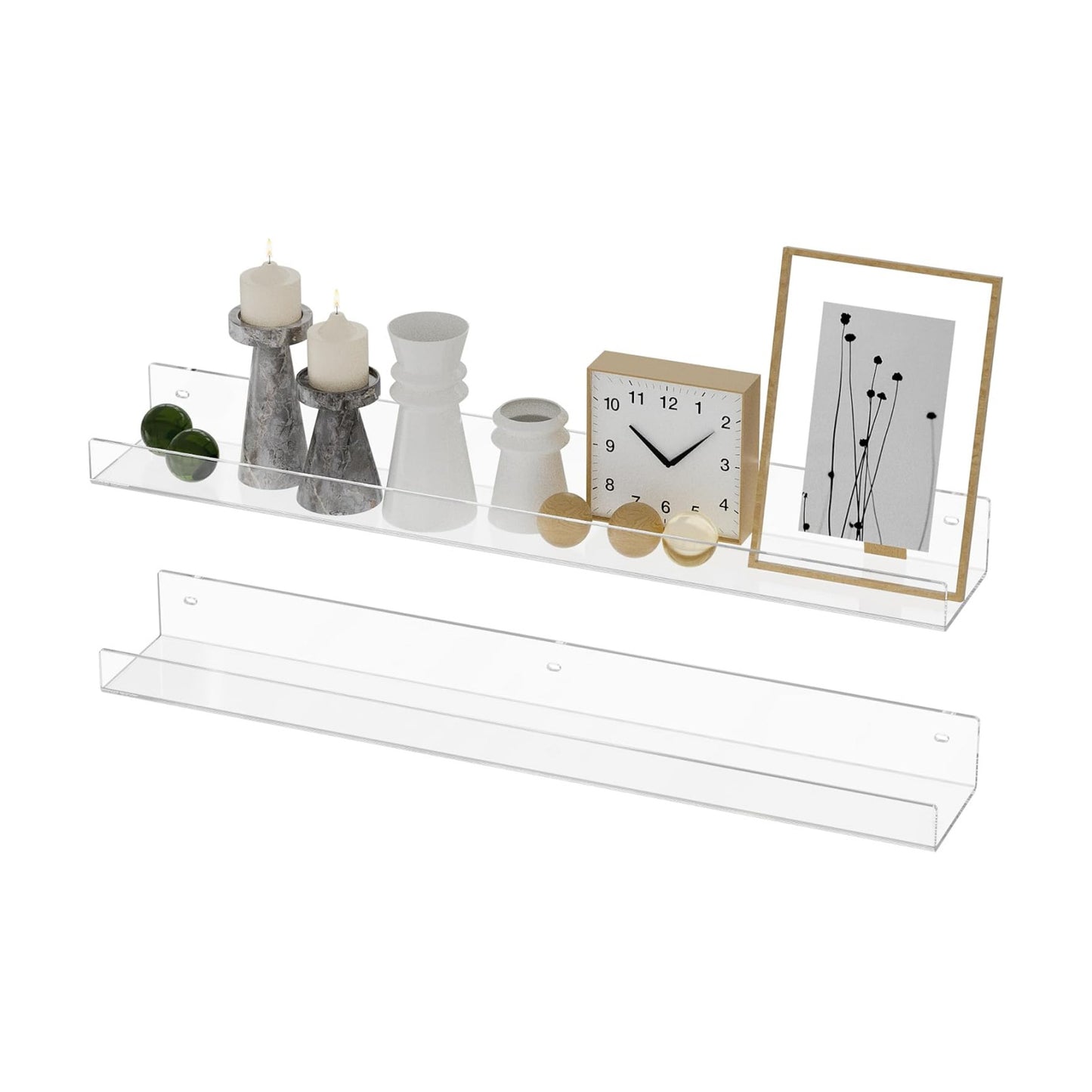 24'' Clear Acrylic Wall Long Shelf 2 Pack, Acrylic Floating Book Shelves, Wall Mounting Invisible Ledge Book Shelf