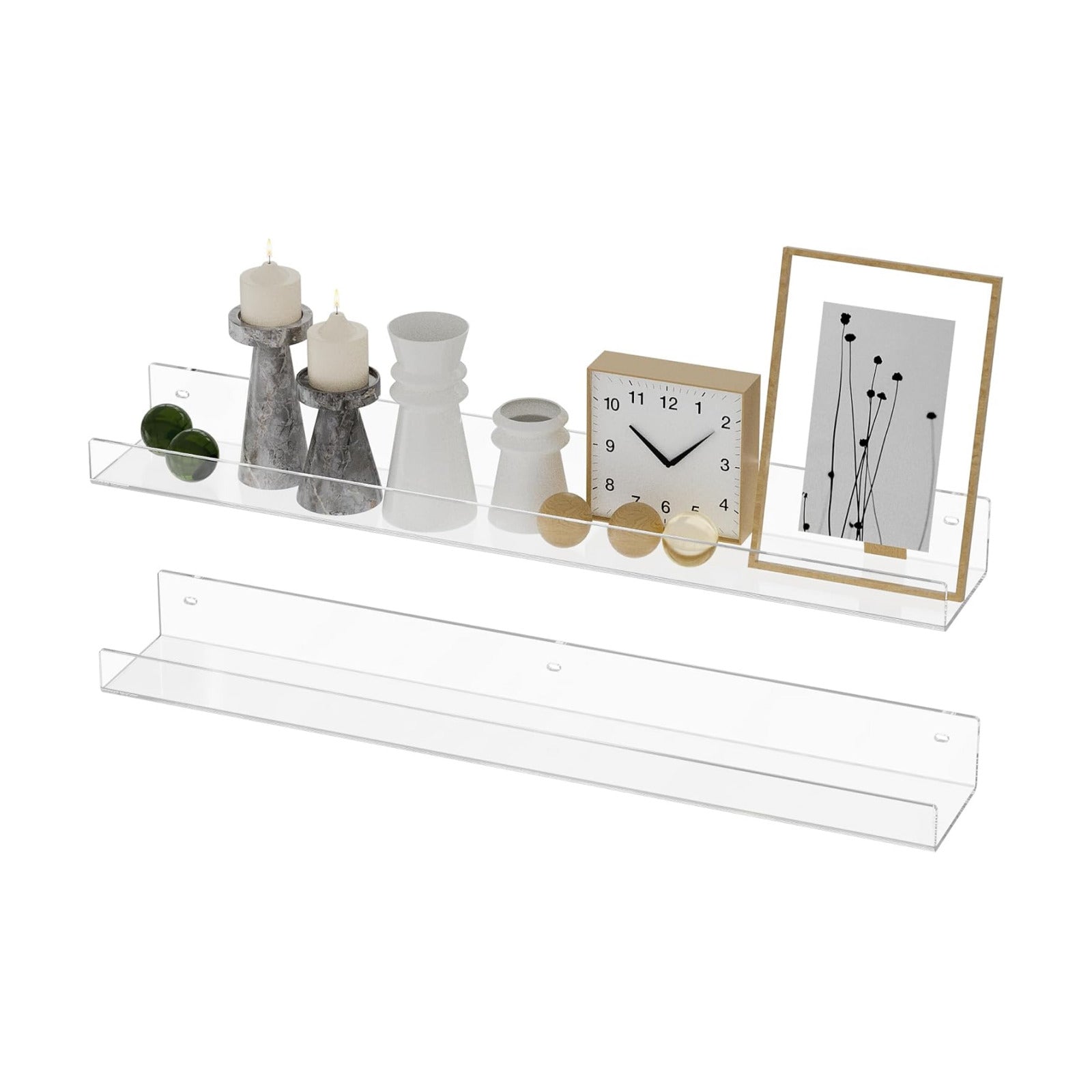 24'' Clear Acrylic Wall Long Shelf 2 Pack, Acrylic Floating Book Shelves, Wall Mounting Invisible Ledge Book Shelf