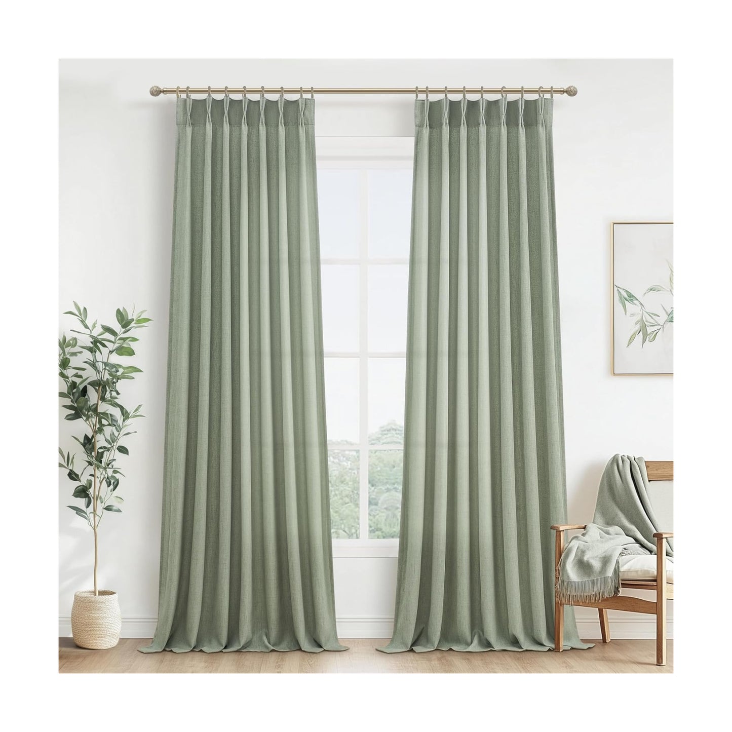 Extra Long Sage Green Thick Linen Sheer Curtains 108 Inches Long for Sliding Glass Door, Lush Decor Pinch Pleated
