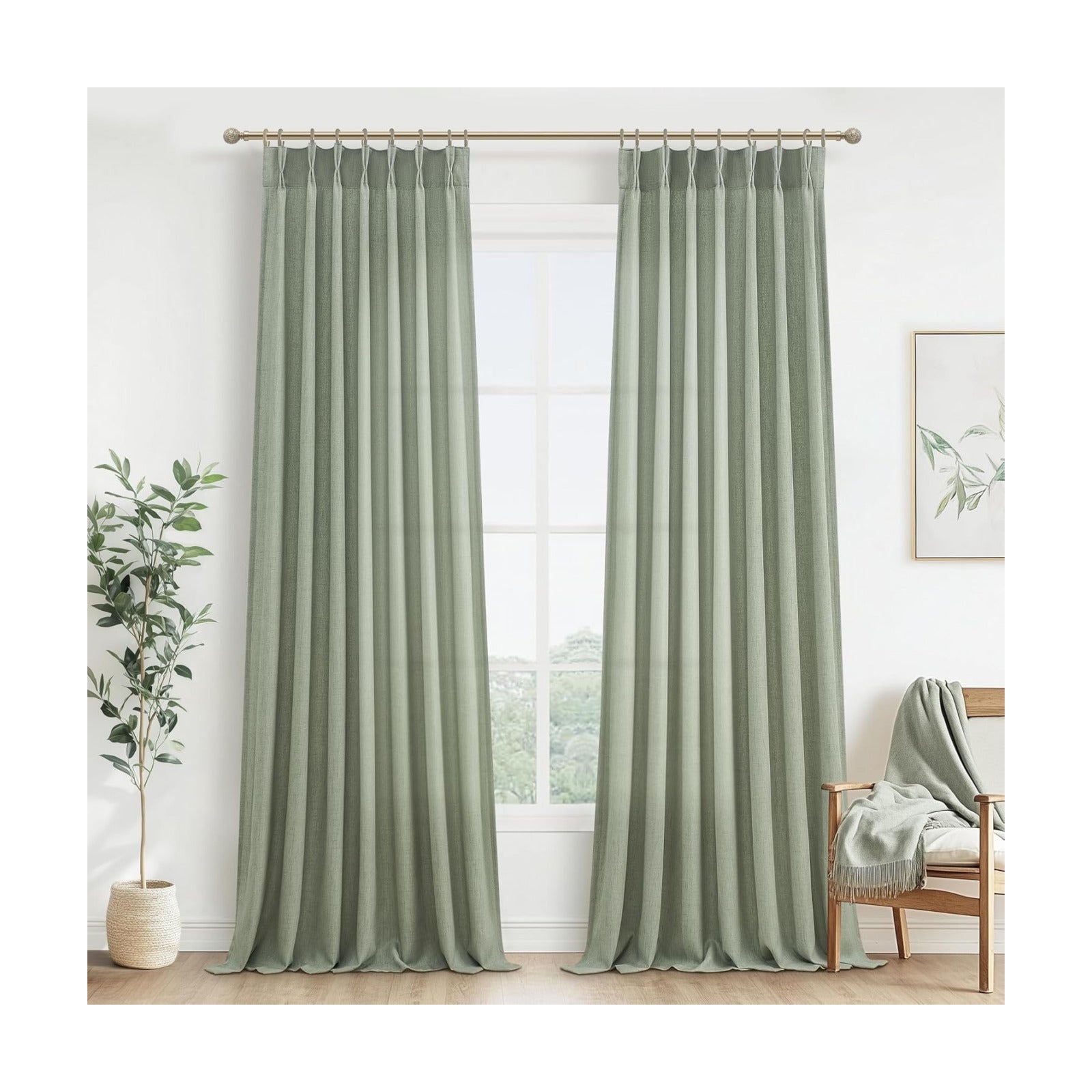 Extra Long Sage Green Thick Linen Sheer Curtains 108 Inches Long for Sliding Glass Door, Lush Decor Pinch Pleated