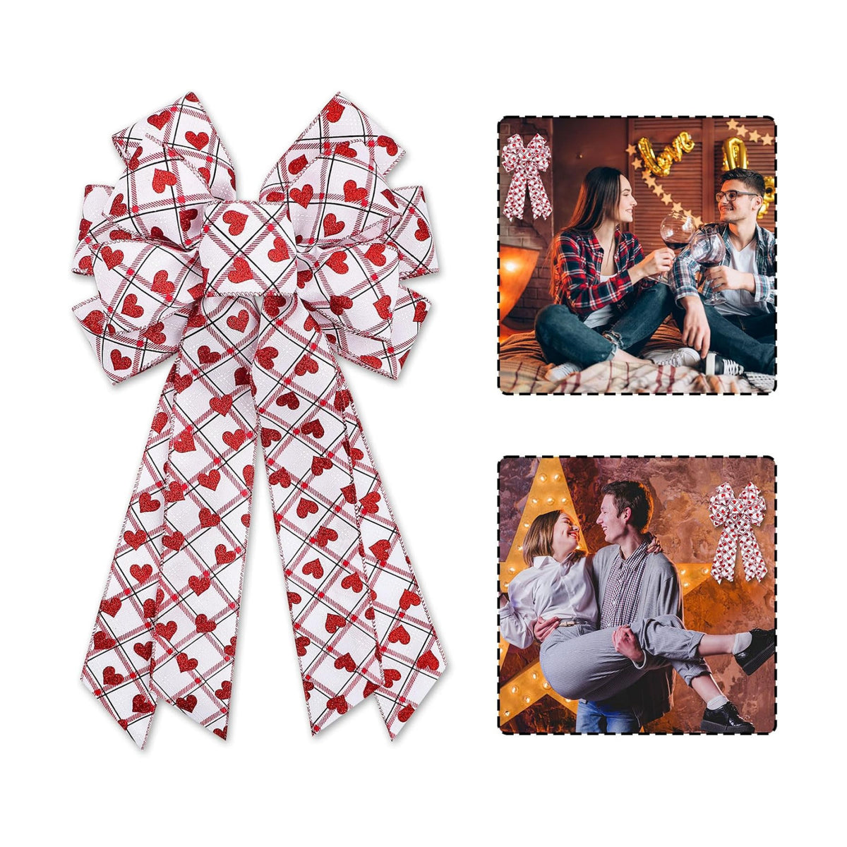 Large Valentine's Day Wreath Bows White Red Heart Plaid Bow, 11.42"x20.87" Wreath Bow for Wedding Party Tree Topper Front Door Indoor Outdoor Decorations