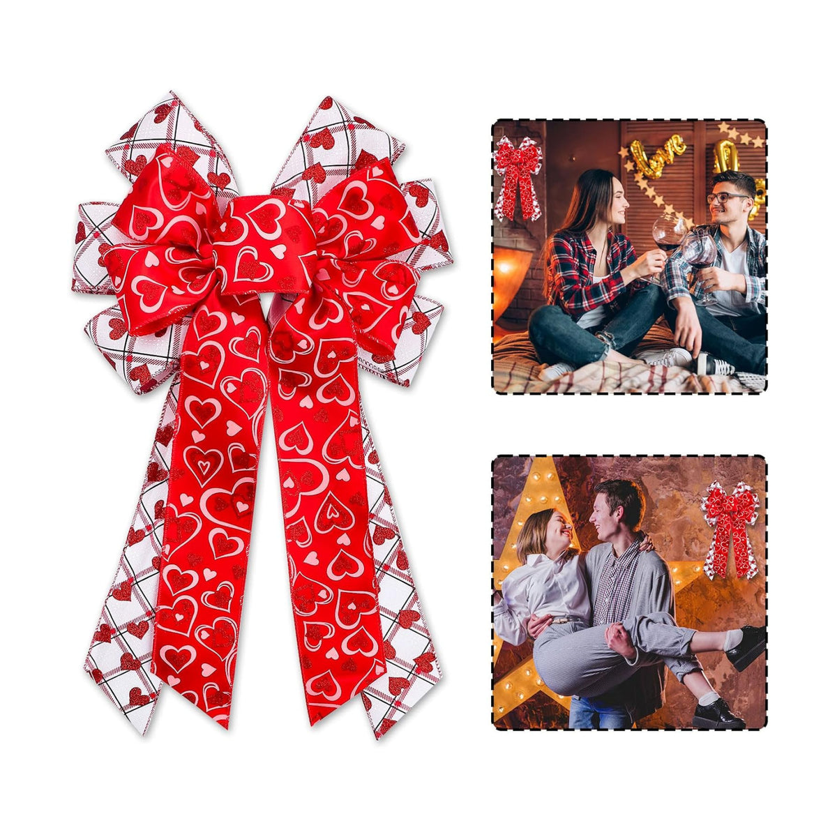 Large Wreath Bow, Large Red White Plaid Burlap Bow with Heart Decorations, 11.42"x20.87" Bow for Wreath Tree Topper Wedding Party Indoor Outdoor Romantic Home Decor