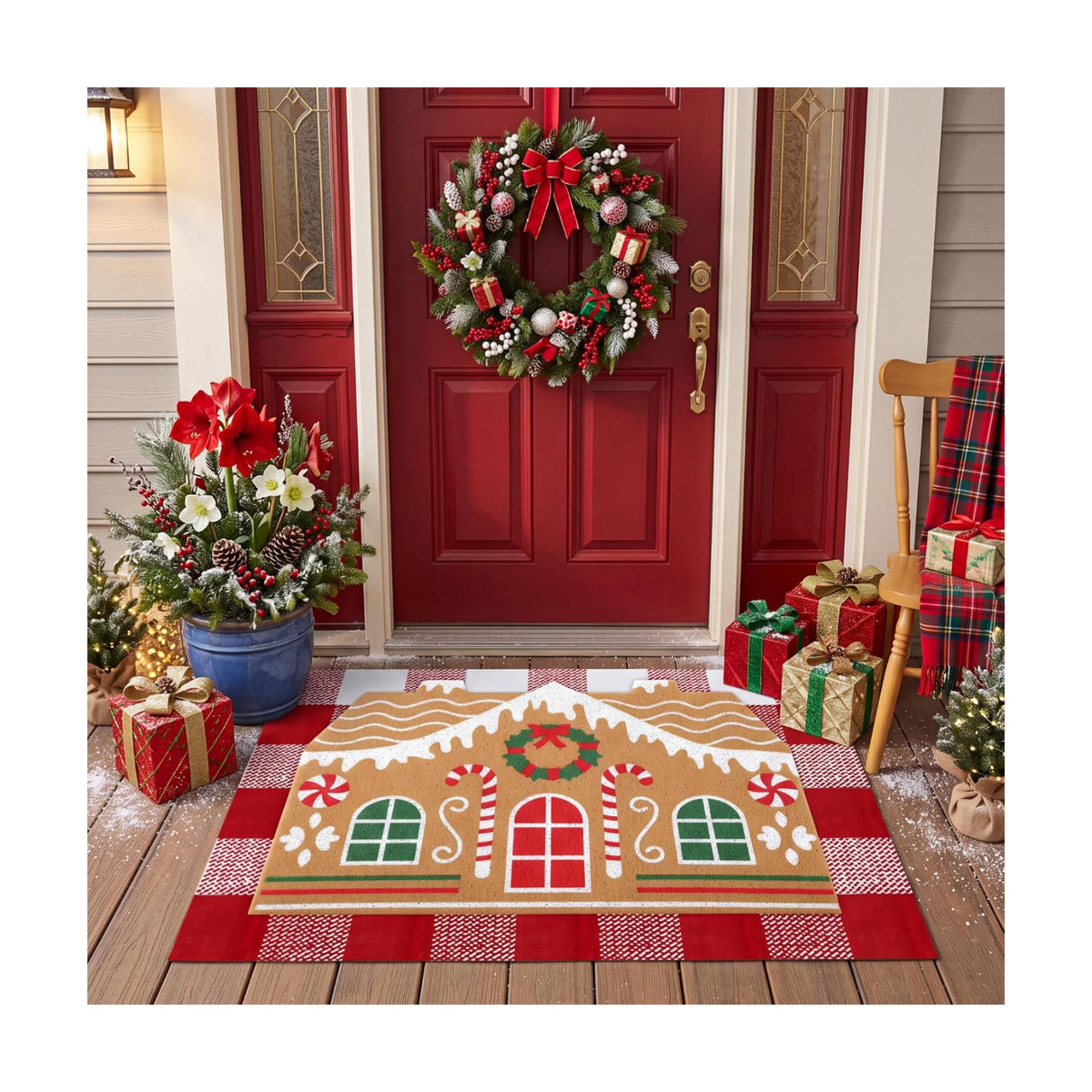 Tinideya 2 Pcs Gingerbread House Layered Doormat Set