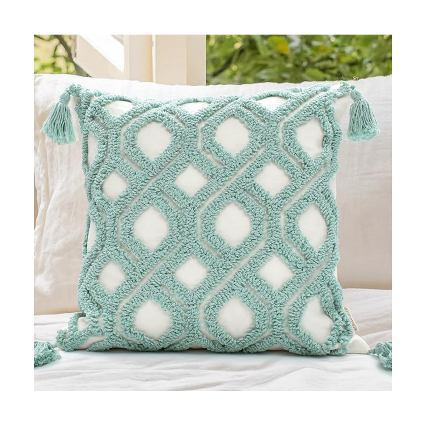 Boho Pillow Covers Boho Tufted Throw Pillow Covers Decorative Tassels Cushion / Boho Aqua / 18 x 18