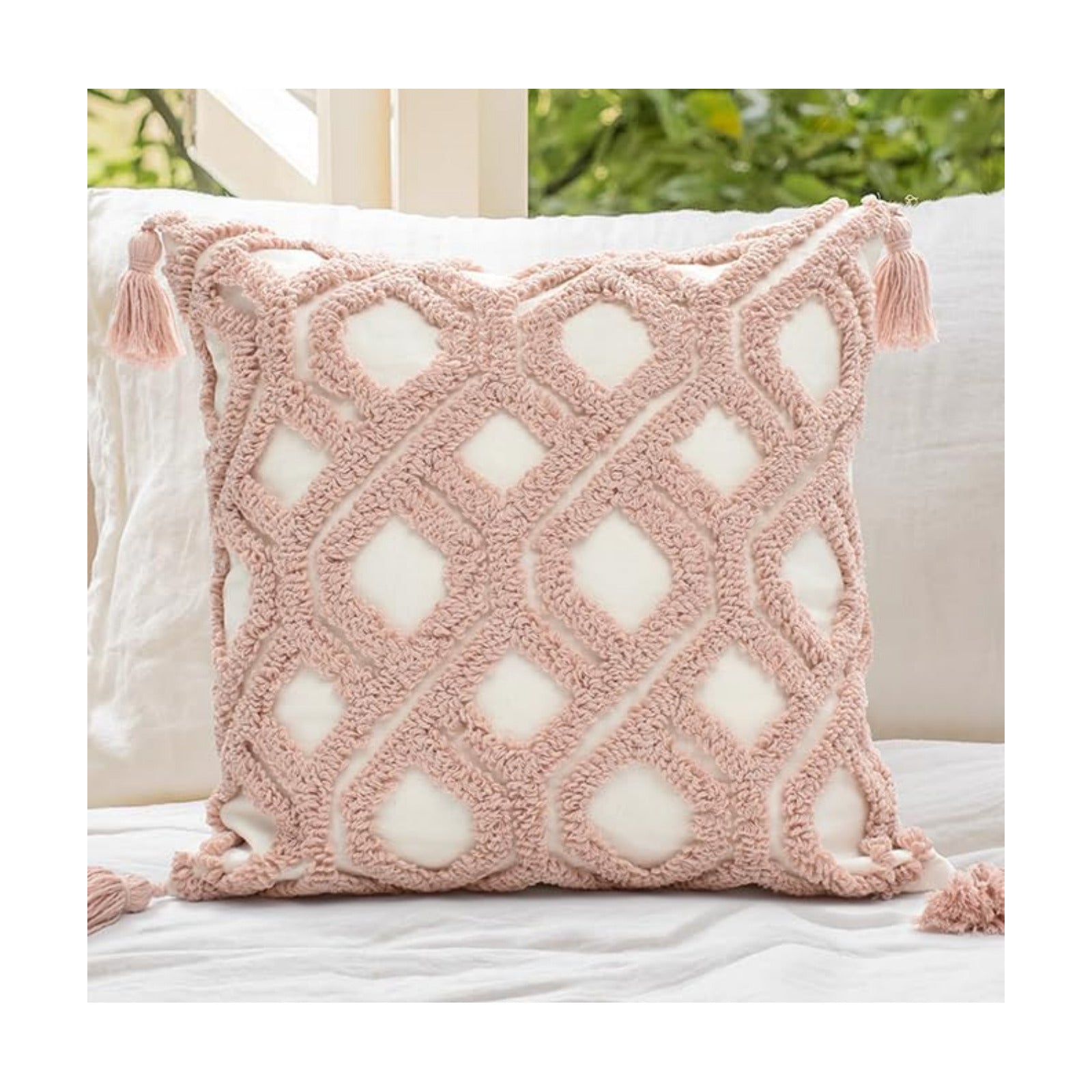 Boho Pillow Covers Boho Tufted Throw Pillow Covers Decorative Tassels Cushion / Boho Blush / 18 x 18