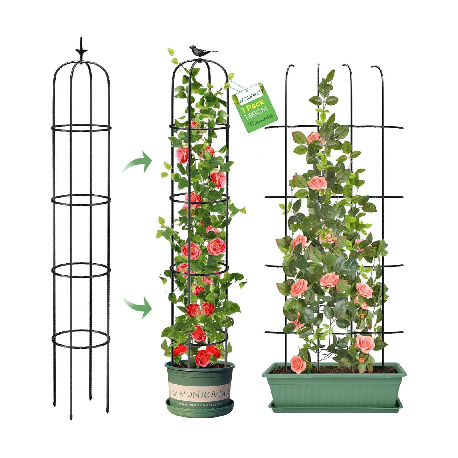 Tower Obelisk Garden Trellis for Climbing Plant，6.2FT/74.4" Rustproof Metal Potted Plant Climbing Support for Indoor
