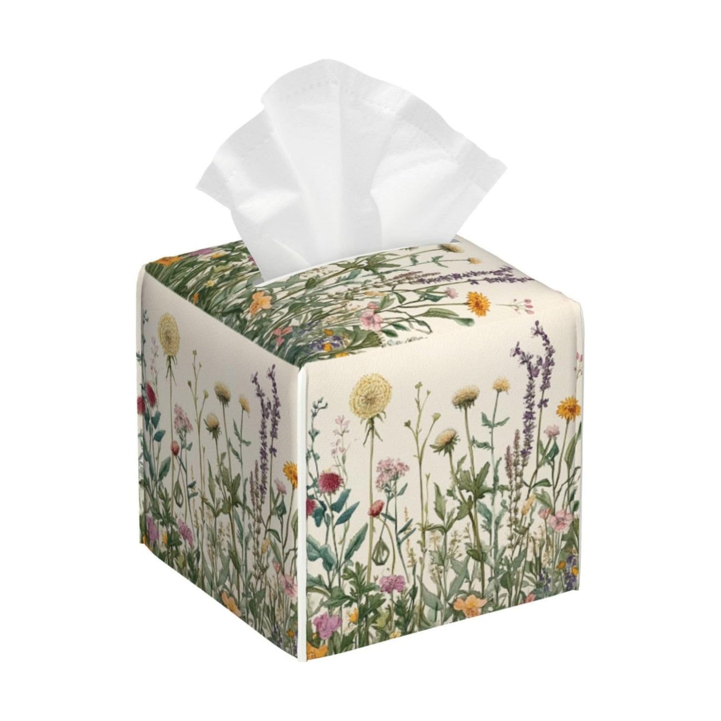 Tissue Box Cover Spring Summer Wild Flowers Florals Square Leather Tissue / Vintage Dandelion Herbs