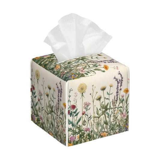 Tissue Box Cover Spring Summer Wild Flowers Florals Square Leather Tissue / Vintage Dandelion Herbs