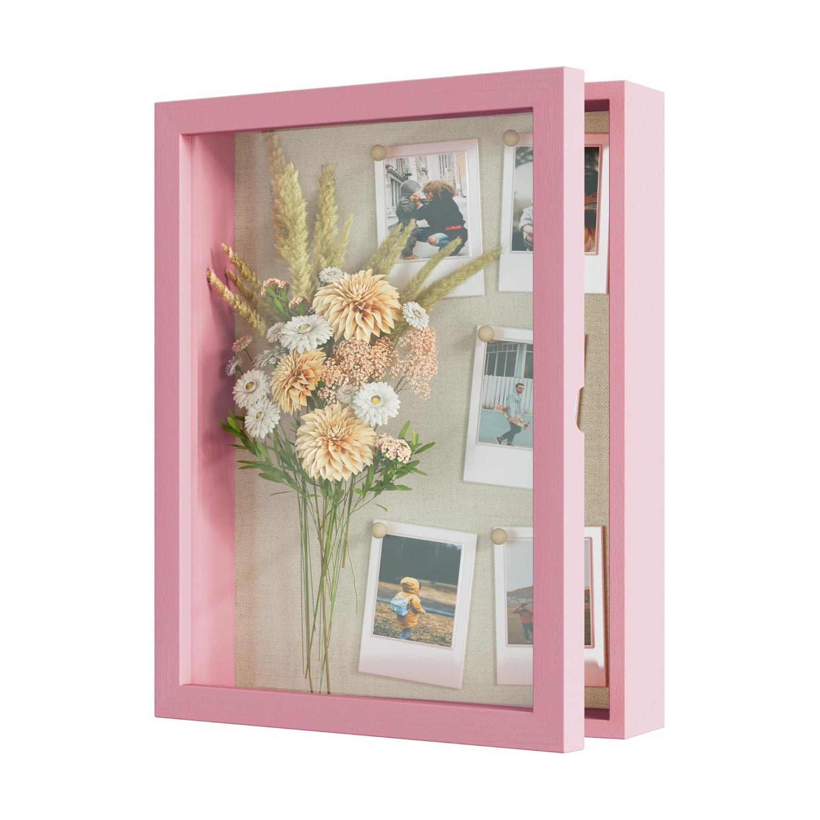 Love-KANKEI Deep Large Shadow Box 11x14,Solid Wood Frame,Memory Box,Pink | Front-Opening Glass Magnetic Door,Linen