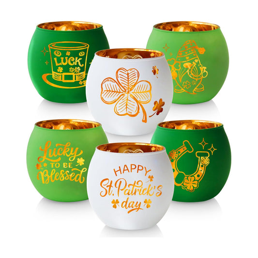 SHMILMH St. Patrick's Day Candle Holders 6PCS St Patricks Day Shamrocks Decorations for Table Centerpiece, Glass Votive Tealight Holders for Home Decor Party Decorations