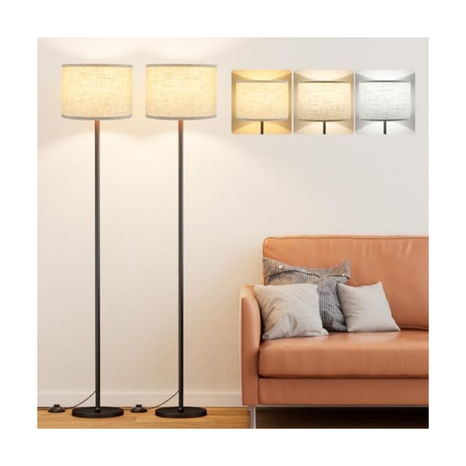 Ambimall 60'' Modern Floor Lamp Set of 2, 2PK Tall Lamps for Living Room Bedroom, Beige Shade with Black Pole(Without