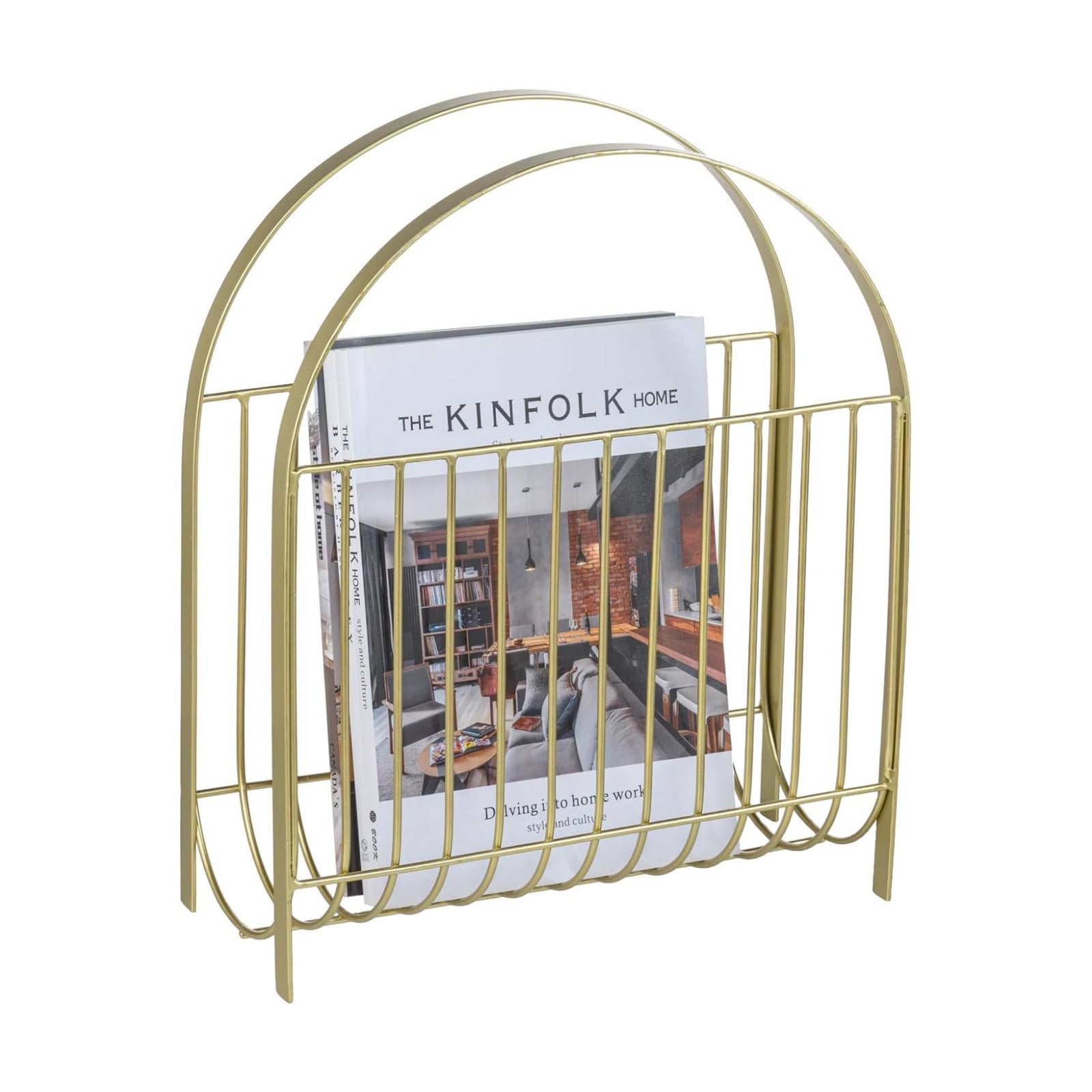 MyGift Deluxe Mid Century Brass Tone Metal Wire Magazine Holder Rack, Table or Floor Display Newspaper Stand Storage