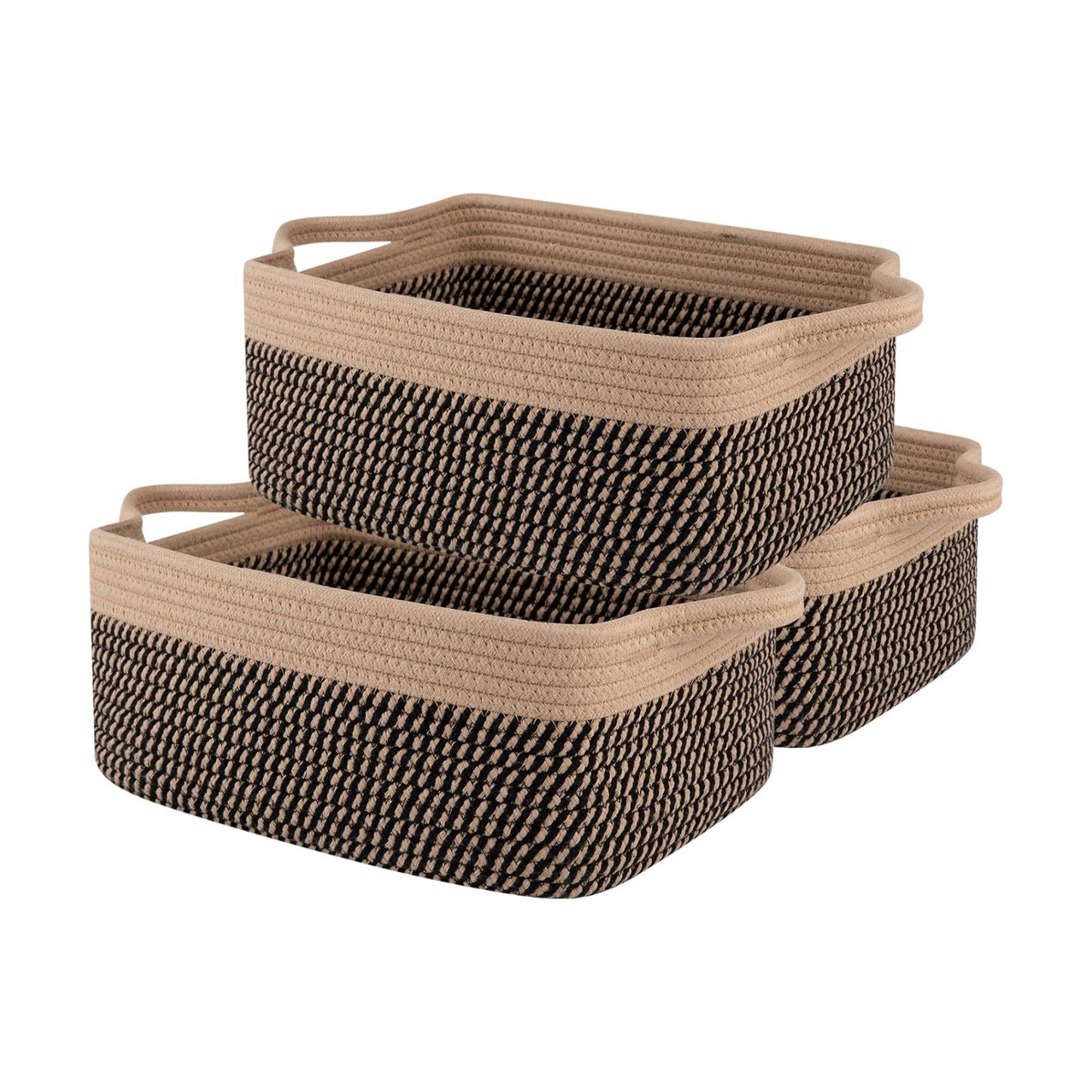 Woven Cotton Rope Basket / Brown & Black / 13.8''x9.8''x5.5 / Set of 3