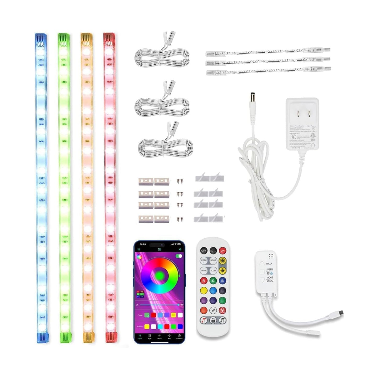Cefrank Color Cabinet Lighting, 4pcs 12" Linkable RGB LED Light Bar Kit for Display Cabinet, Smart App & Remote