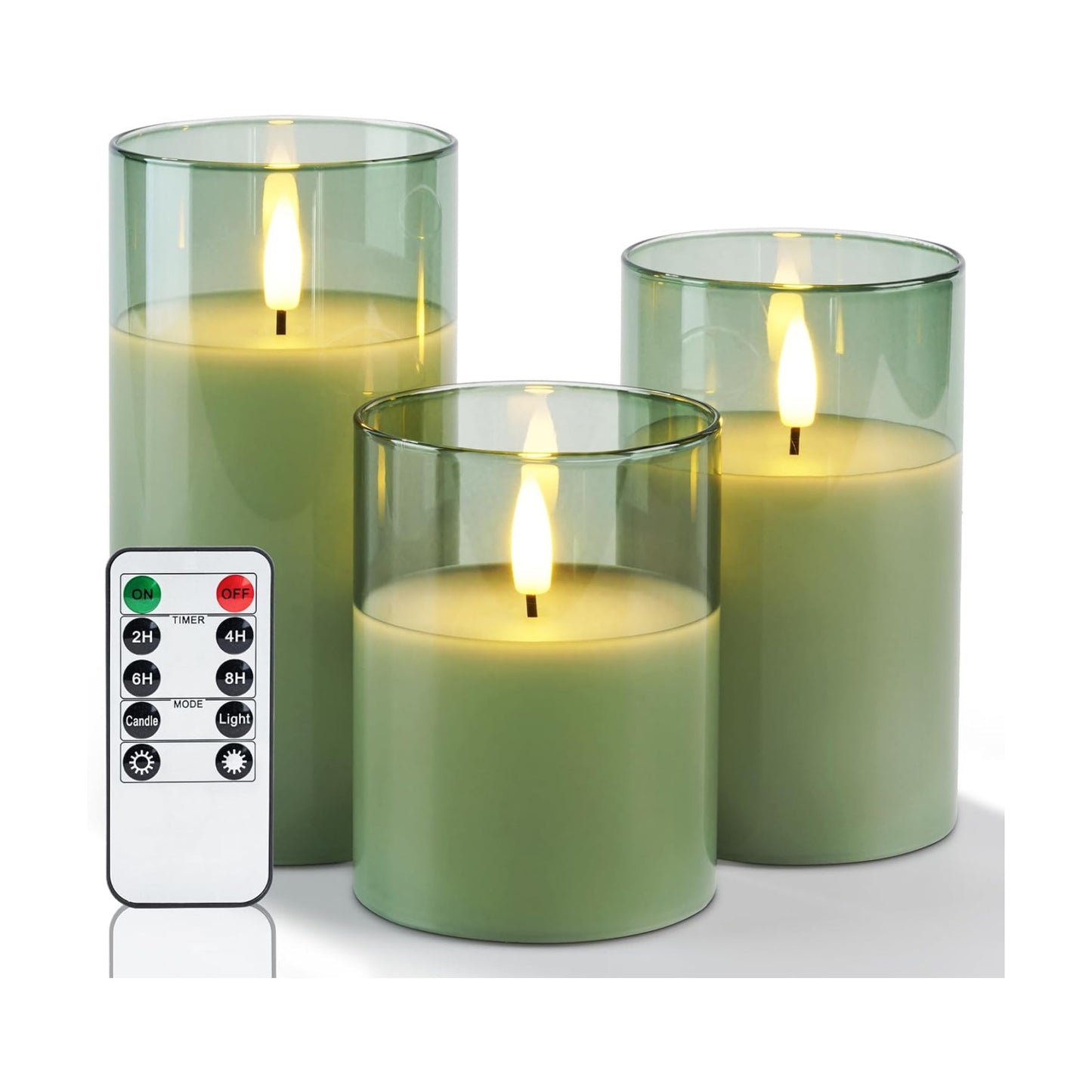Amagic Green Glass Flameless LED Candles Battery Operated with Remote Timer | Real Wax Pillar Electric Candle, 3D