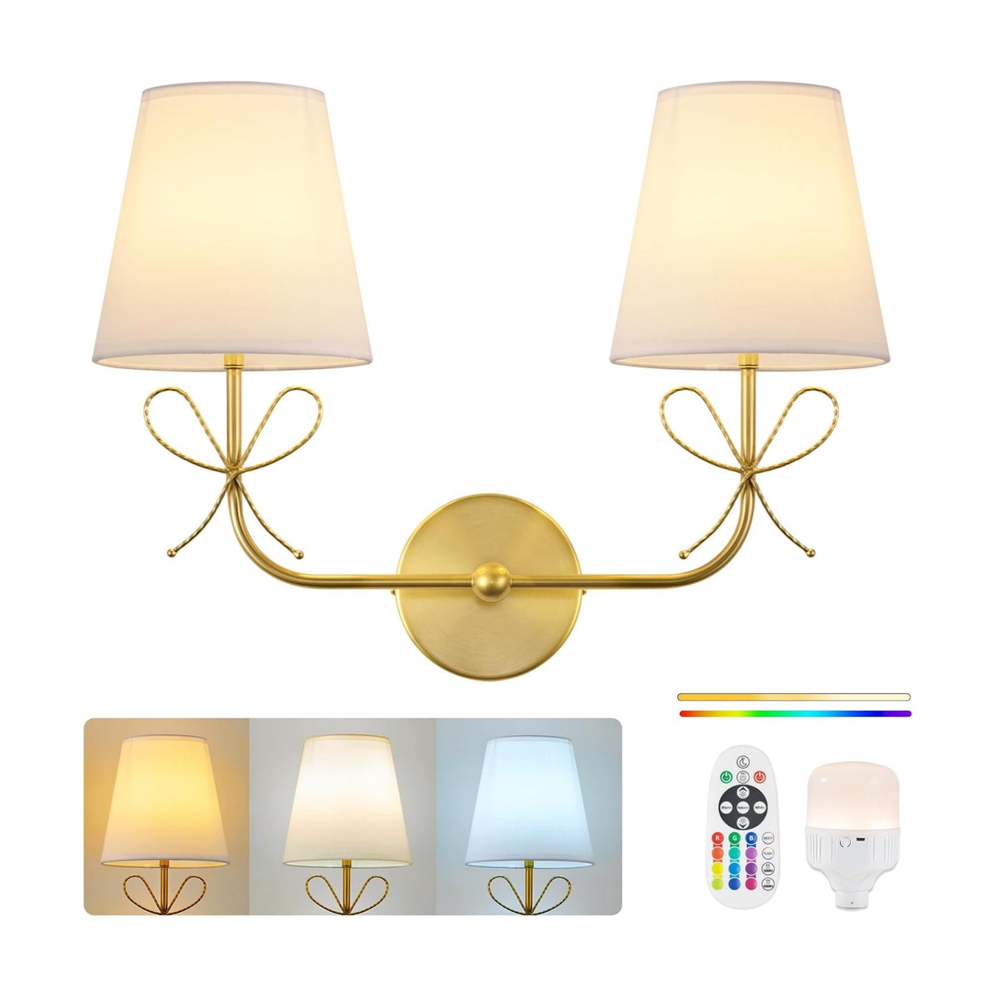 PASSICA DECOR Bow Battery Operated Wall Sconce, Rechargeable Wireless Double Lights with Dimmable Bulbs, 15 Colors and