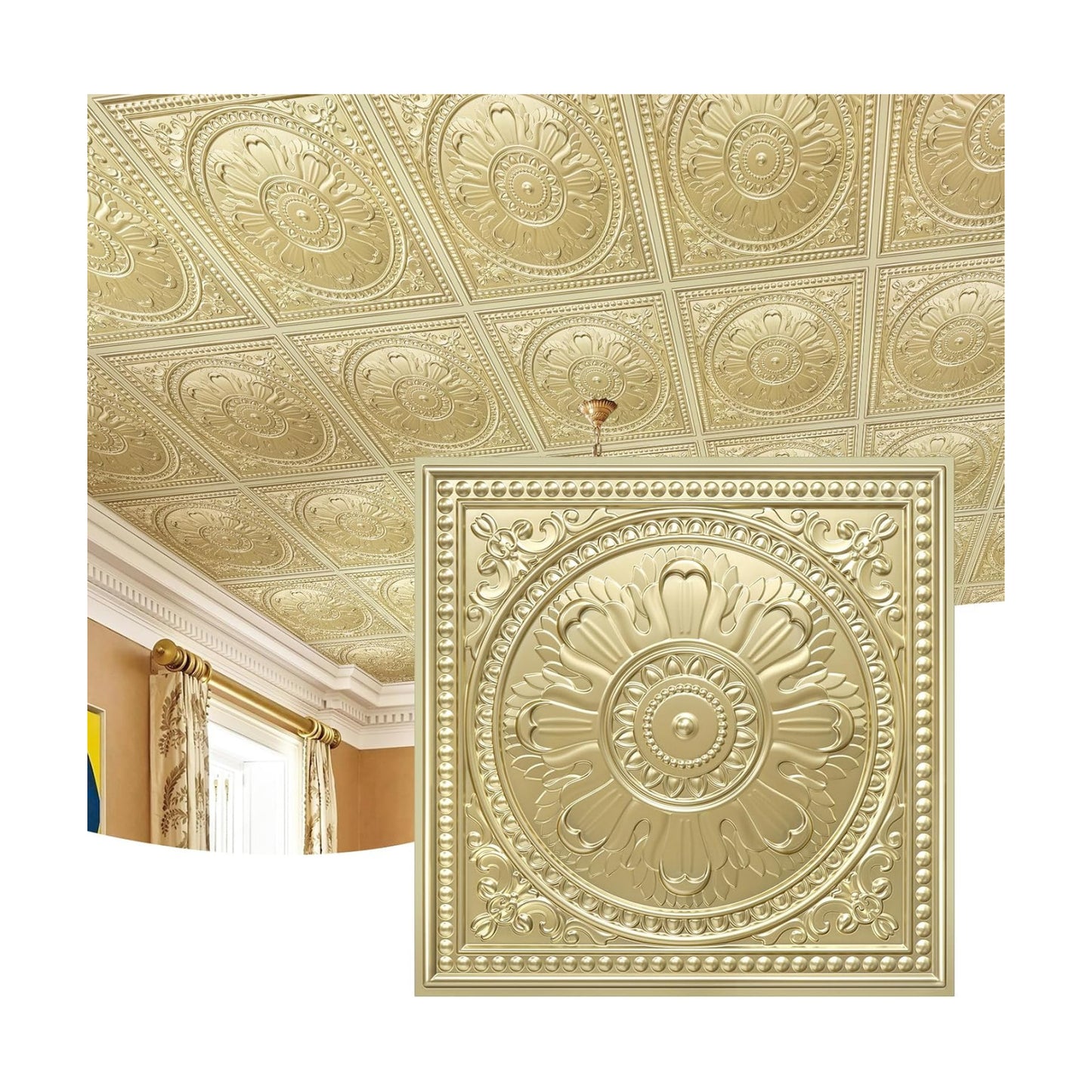 STICKGOO Drop Ceiling Tiles 24"x24", PVC Panels Waterproof Reusable, Covers 48 Sq.Ft., Baroque Decorative Ceiling Tiles