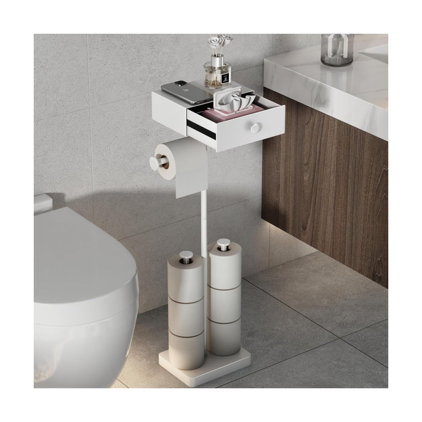 VOLDRA Toilet Paper Holder Stand with Shelf, Free Standing Toilet Paper Roll Holder with Wipes Storage Drawer Heavy