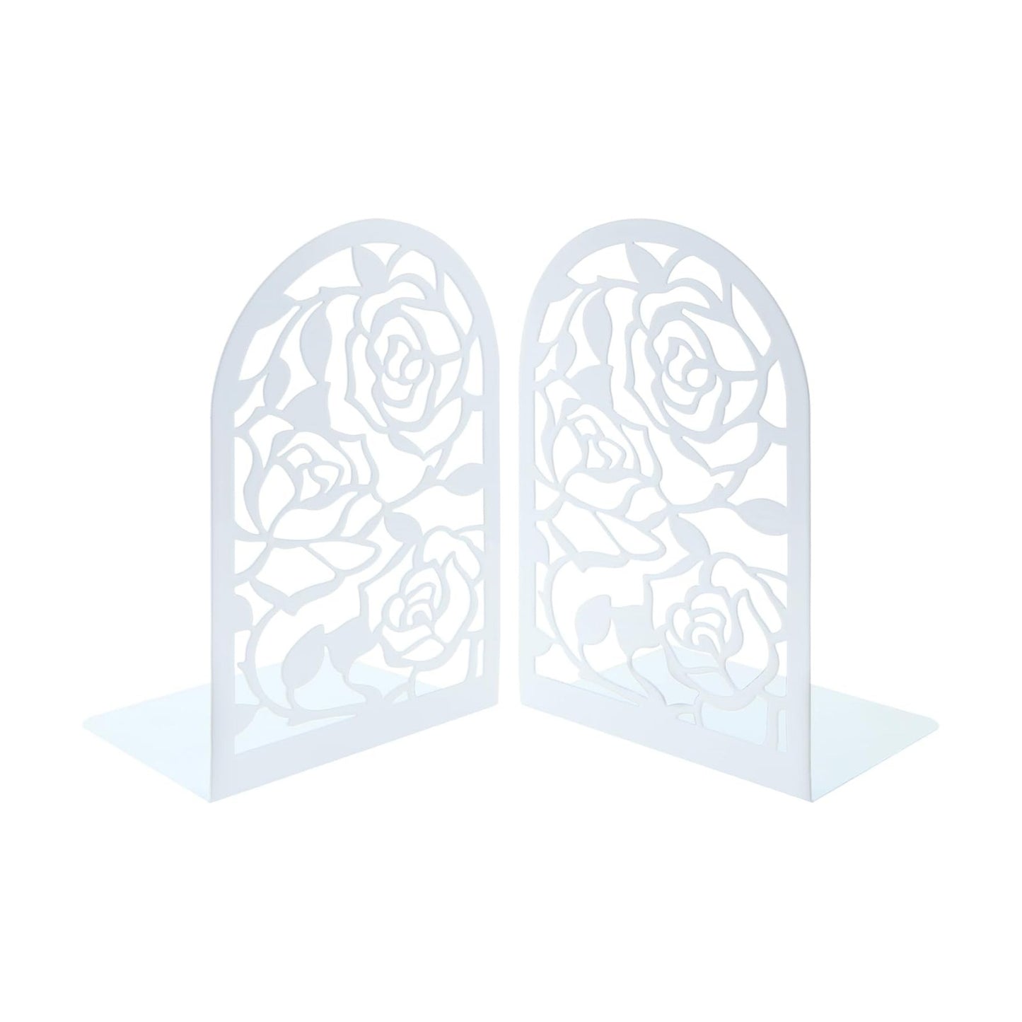 Elegant Rose Bookends Hollow-Out Rose Flower Book Ends Shelves Organizer Metal Book Stands / White