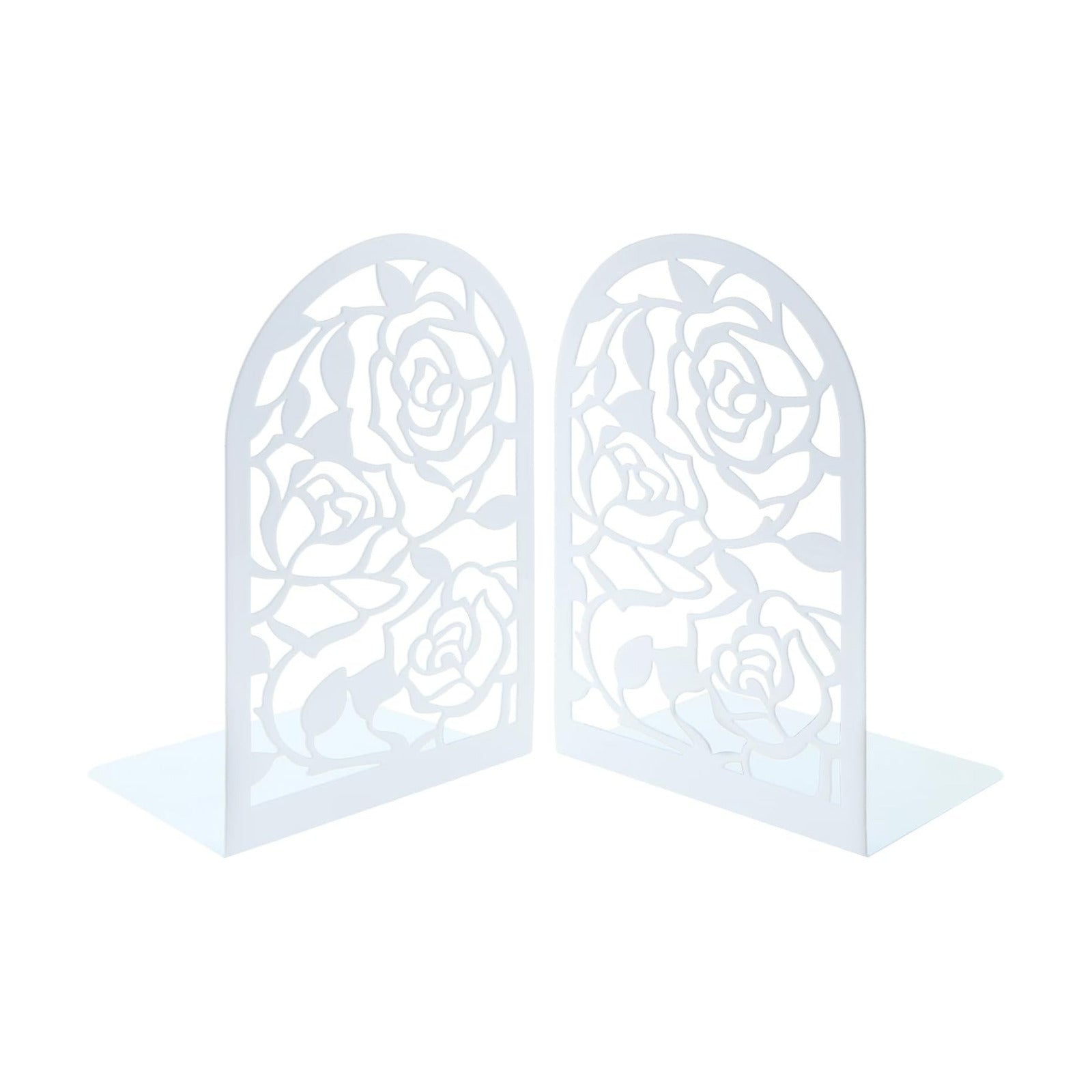 Elegant Rose Bookends Hollow-Out Rose Flower Book Ends Shelves Organizer Metal Book Stands / White