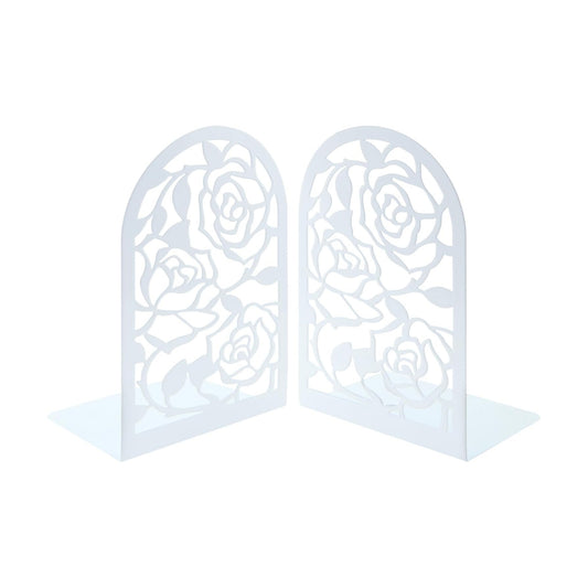 Elegant Rose Bookends Hollow-Out Rose Flower Book Ends Shelves Organizer Metal Book Stands / White