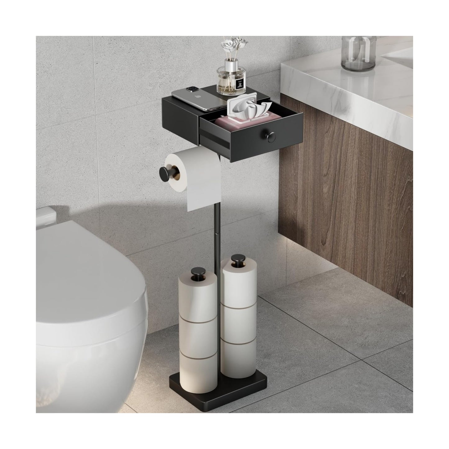 VOLDRA Toilet Paper Holder Stand with Shelf, Free Standing Black Toilet Paper Roll Holder with Wipes Storage Drawer