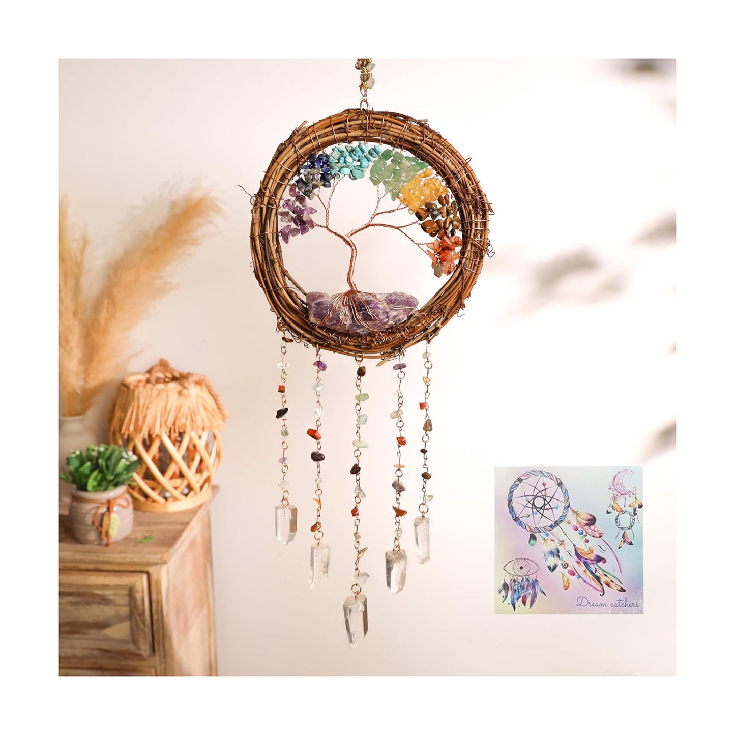 7 Chakra Tree of Life Dream Catcher Native Boho Dreamcatcher Rattan Wall Decor / Rattan-crystal
