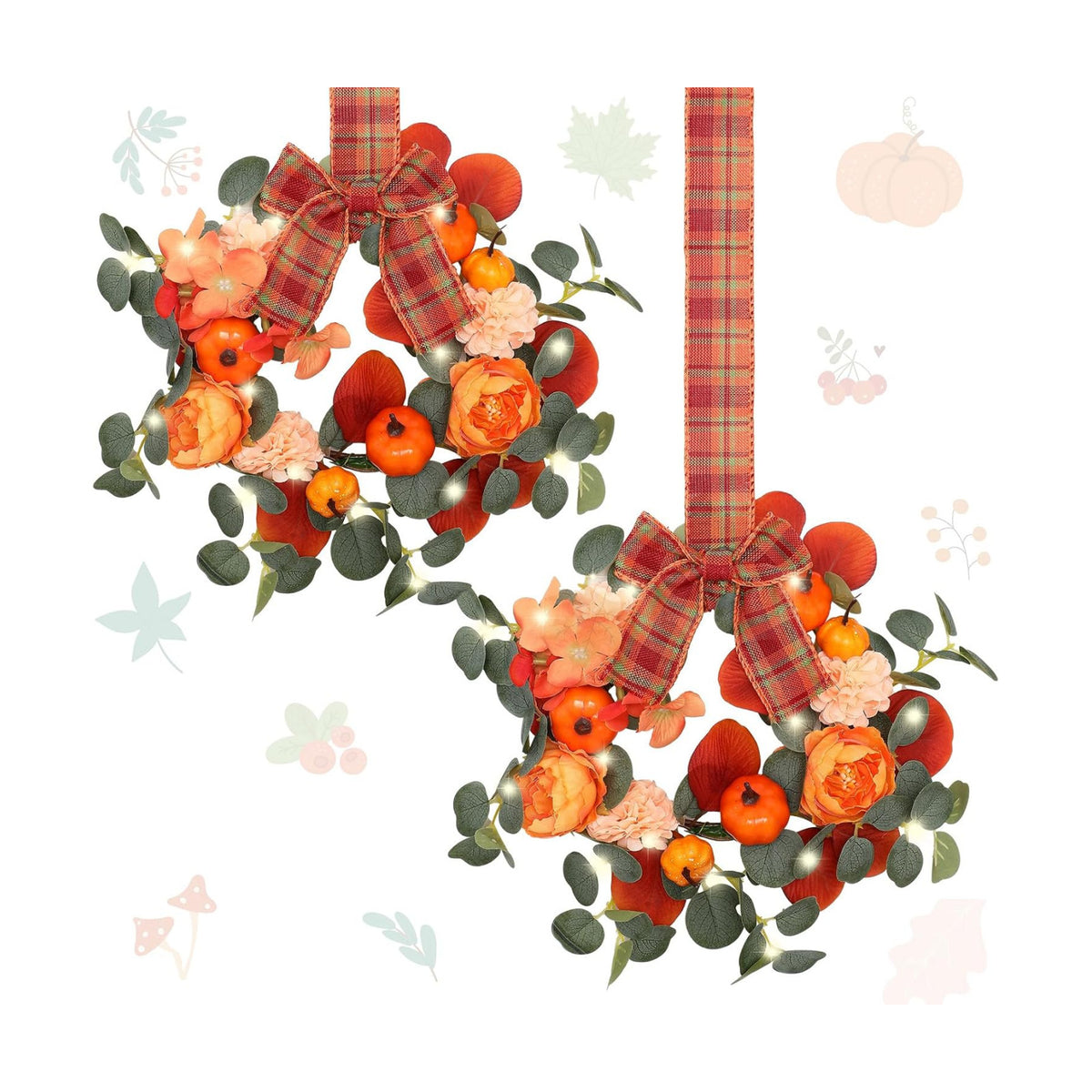 Thiccywoov 2 Pack 9'' Fall Small Wreath for Cabinet with LED String Light