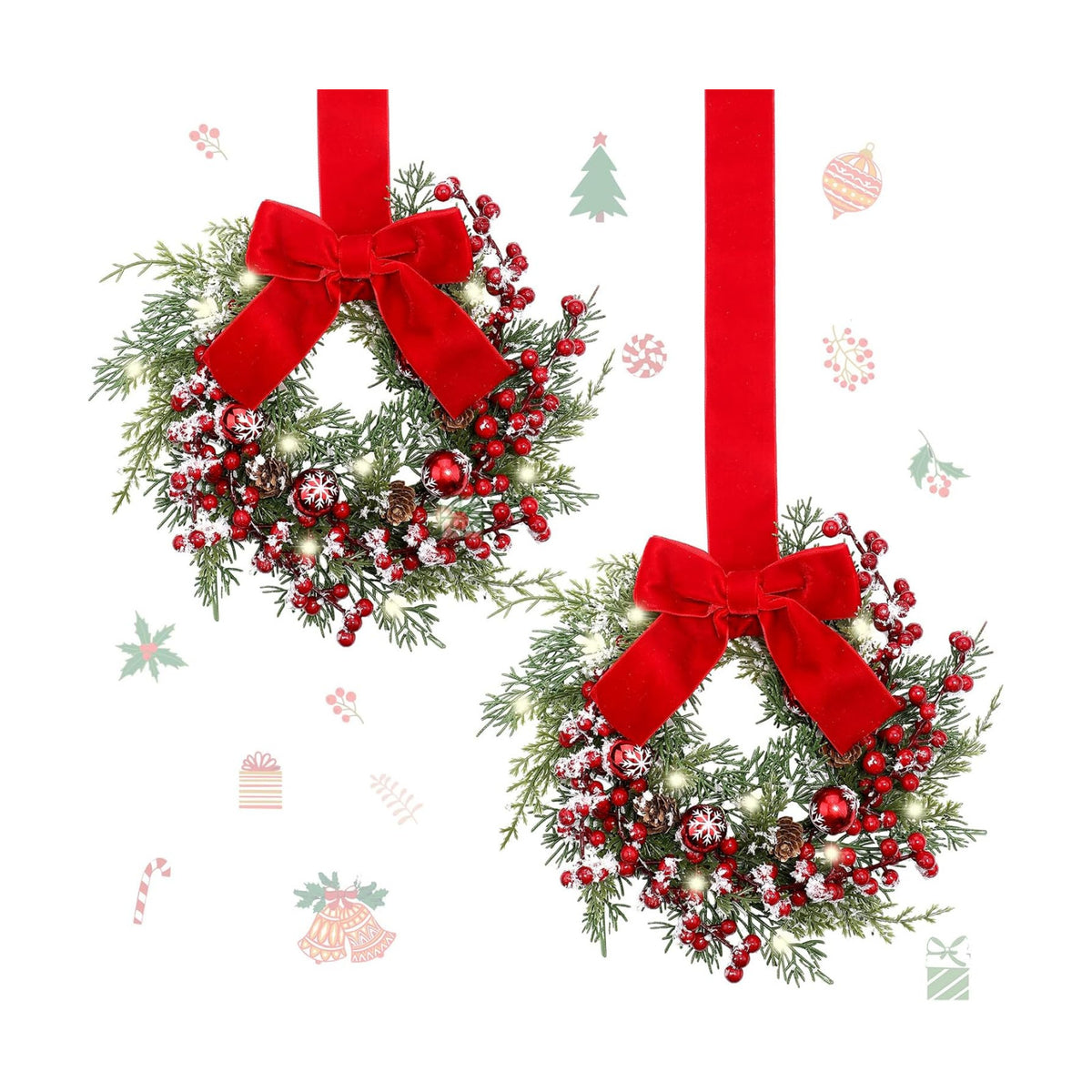 Thiccywoov 2 Pcs 9'' Small Christmas Cabinet Wreath with Light, Velvet Bow