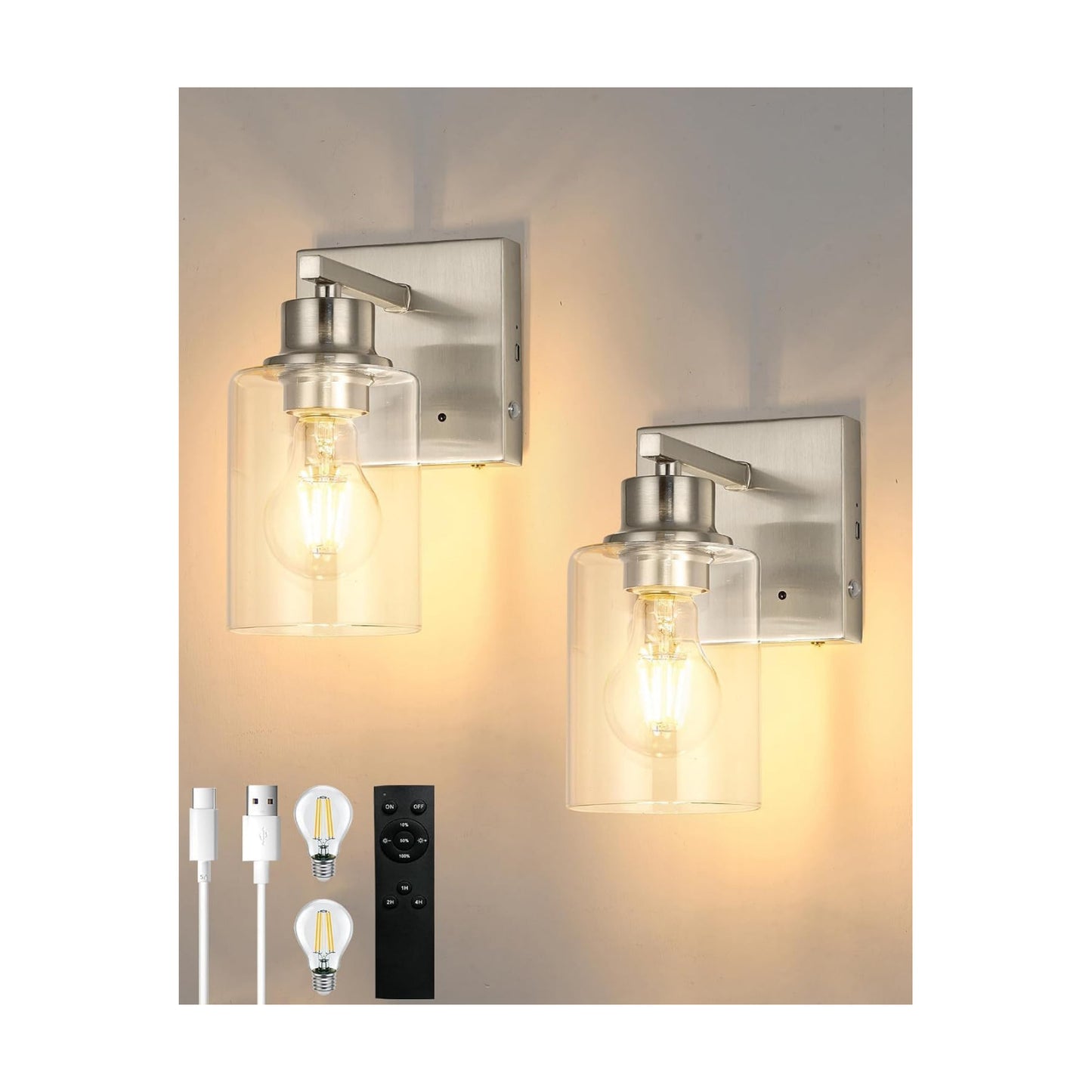 Rayogale Wireless Battery Operated Wall Sconce Set of 2 with Remote Control | Nickel Dimmable Rechargeable Wall Lights
