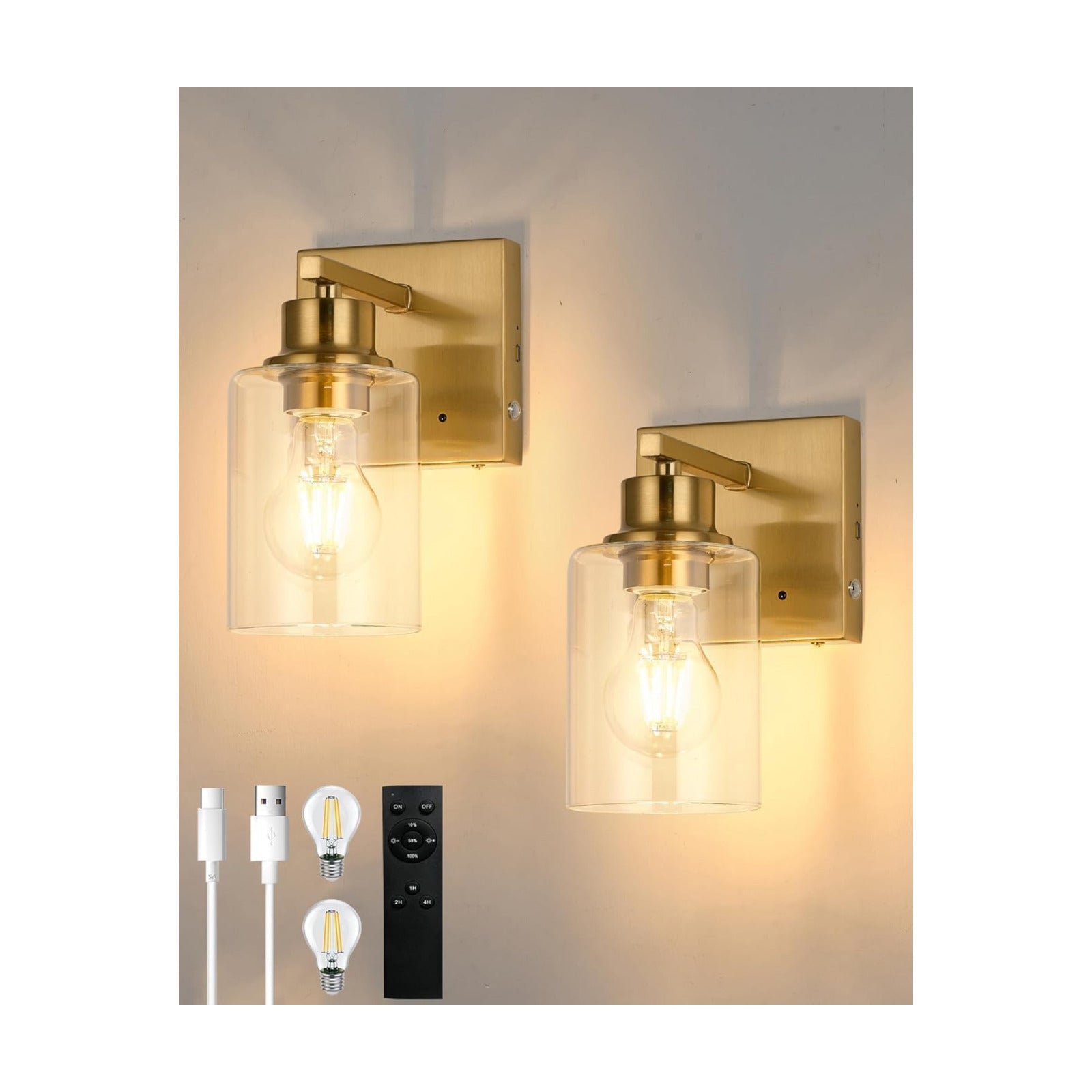 Rayogale Wireless Battery Operated Wall Sconce Set of 2 with Remote Control | Gold Dimmable Rechargeable Wall Lights