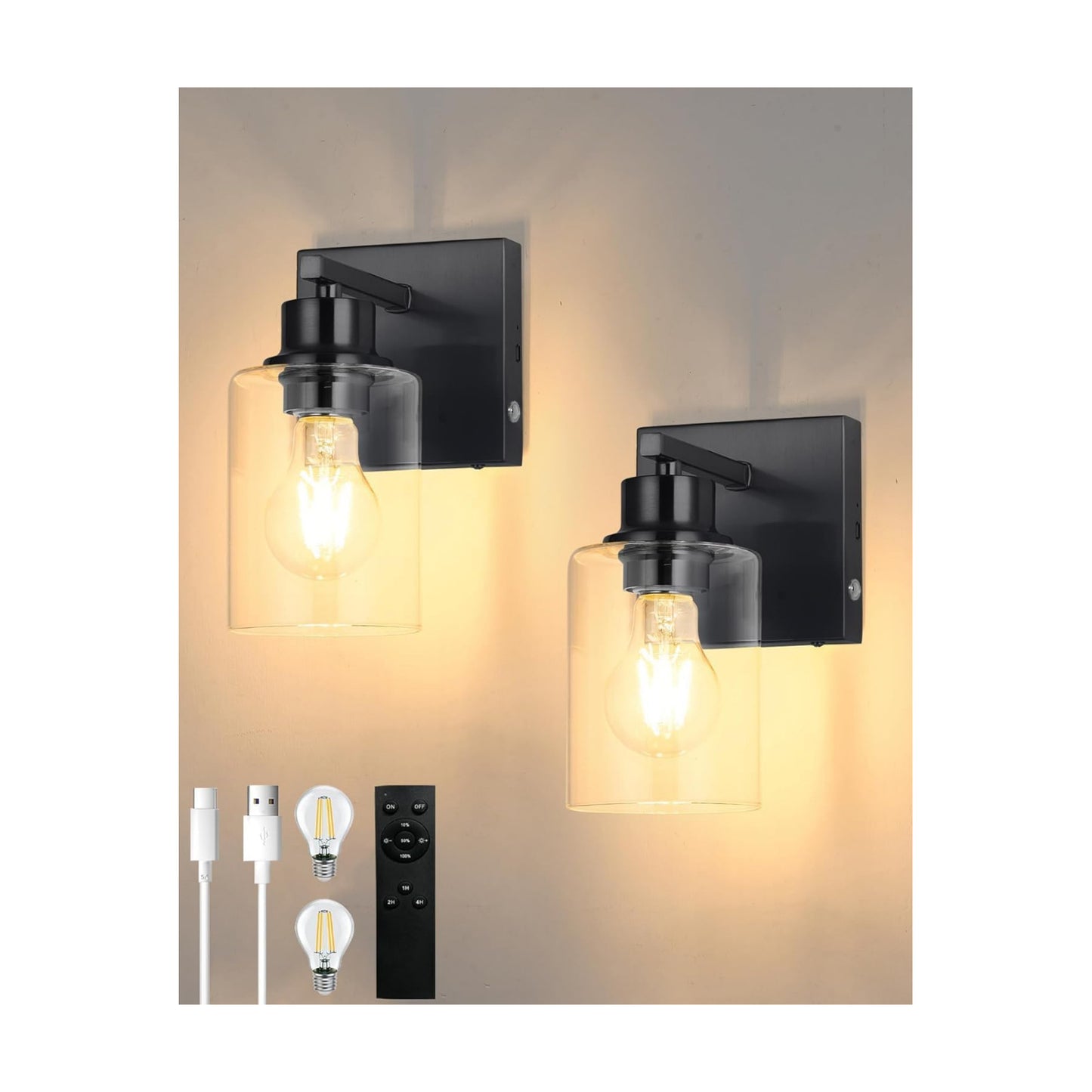 Wireless Battery Operated Wall Sconce Set of Two with Remote Control | Black Dimmable Rechargeable Wall Lights with