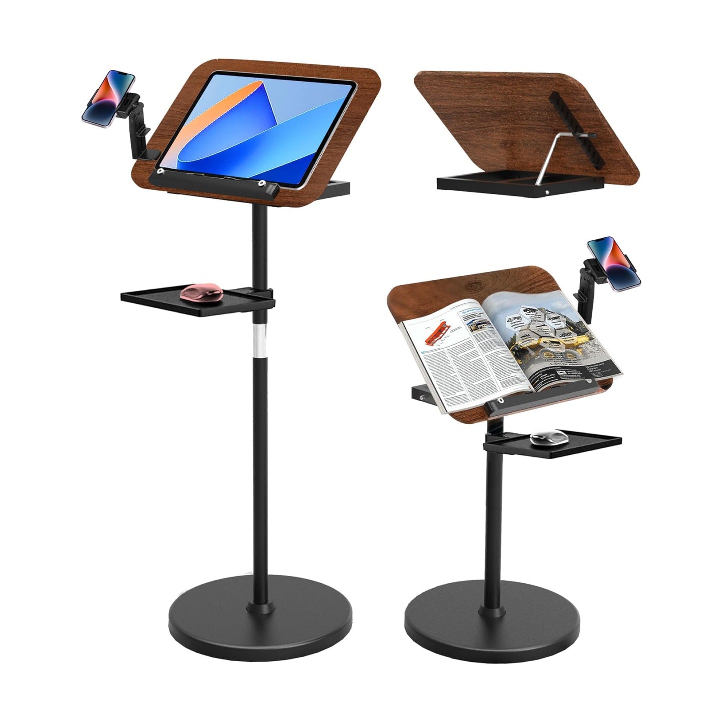 2 in 1 Adjustable Music Stand for Sheet Music, Dual Use Desktop and Floor, Book Stand with Tray & Elastic Page Clips