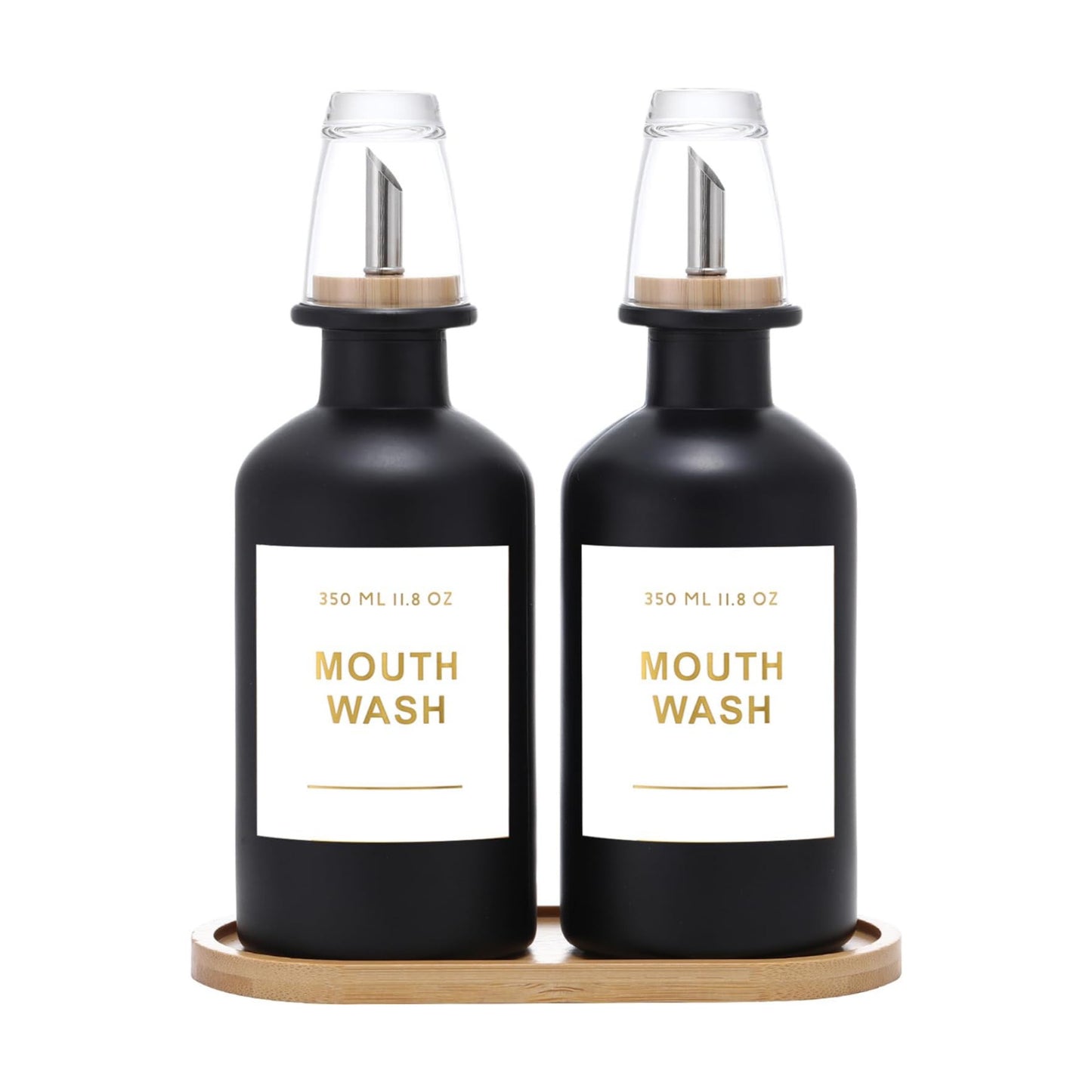 11.8OZ Glass Mouthwash Dispenser, Set of 2, Black | Stainless Steel & Bamboo Nozzle, Reusable Mouthwash Cup, Bamboo