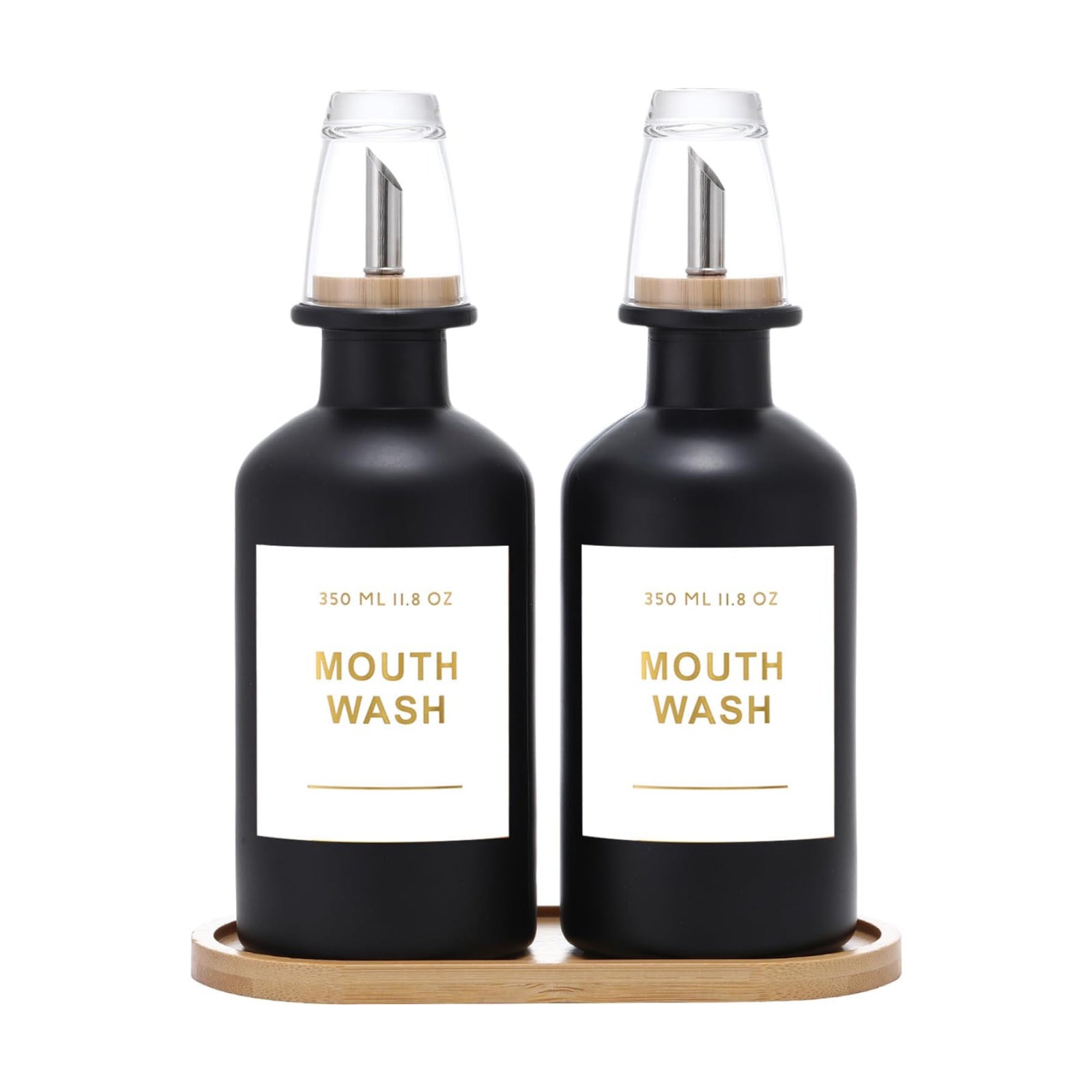 11.8OZ Glass Mouthwash Dispenser, Set of 2, Black | Stainless Steel & Bamboo Nozzle, Reusable Mouthwash Cup, Bamboo