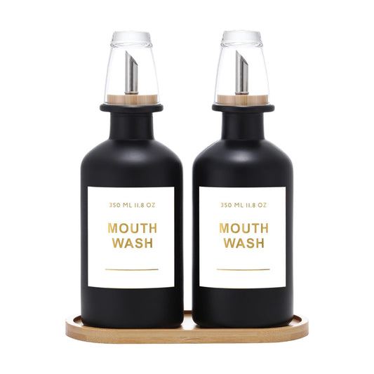 11.8OZ Glass Mouthwash Dispenser, Set of 2, Black | Stainless Steel & Bamboo Nozzle, Reusable Mouthwash Cup, Bamboo